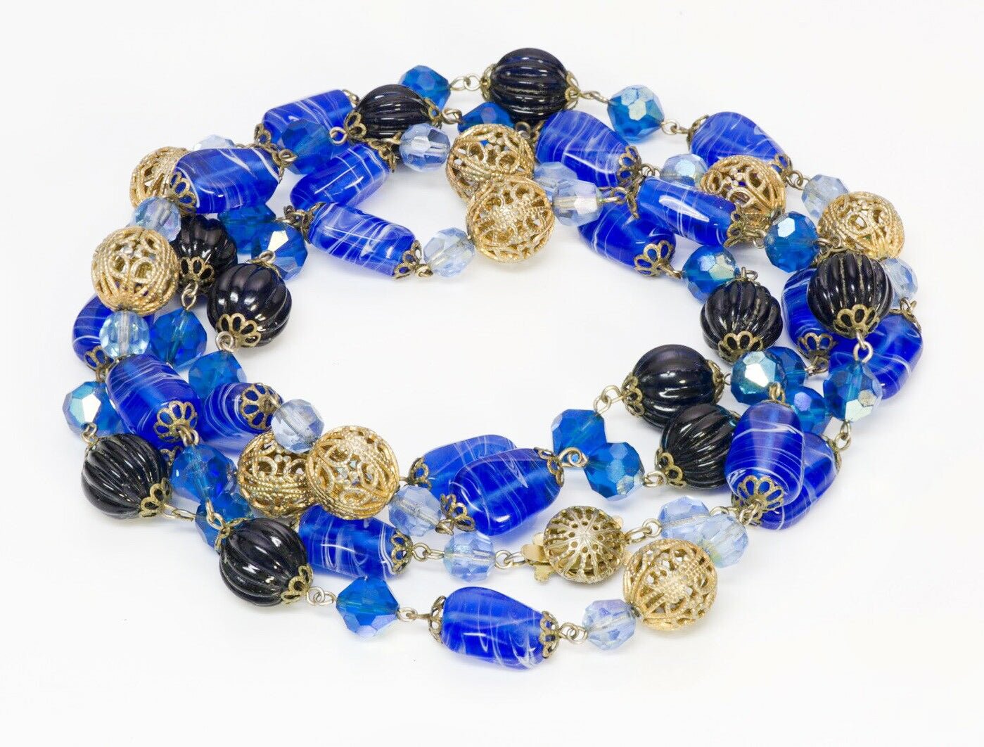 Vintage 1960’s Blue Glass Filigree Infinity Chain Necklace