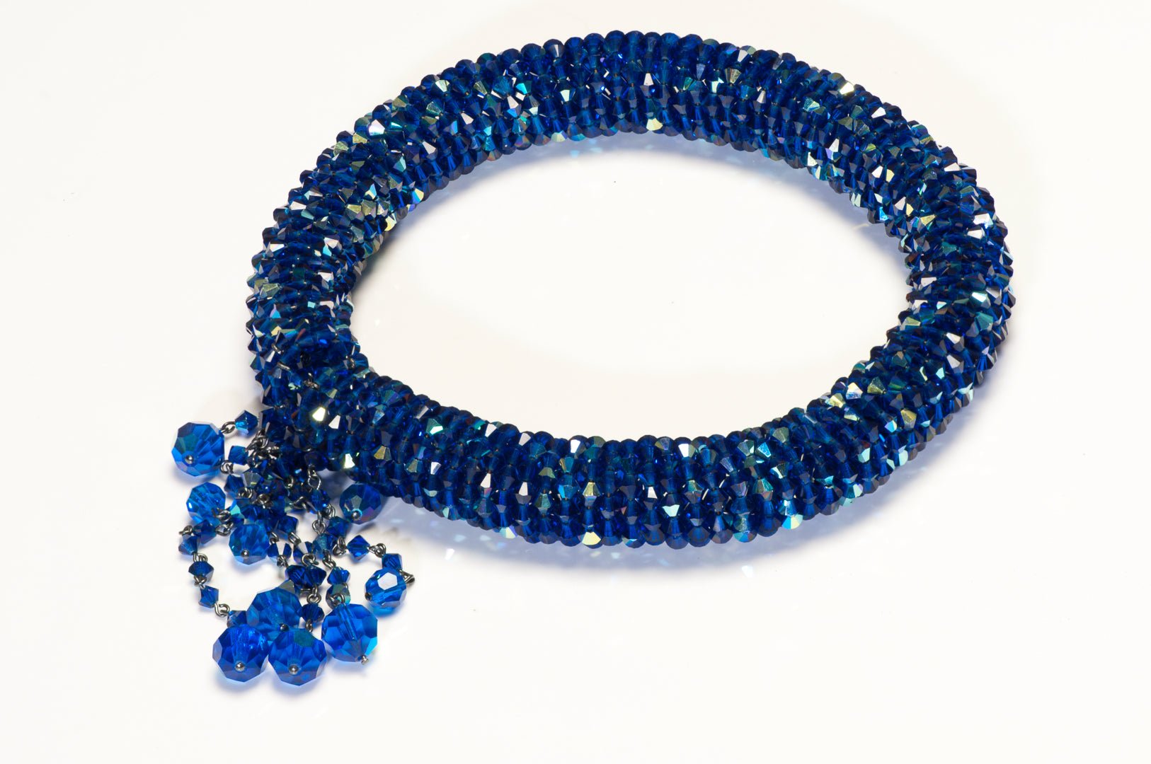 Vintage 1960's Czech Blue Crystal Beads Tassel Tubular Necklace Bracelet Set