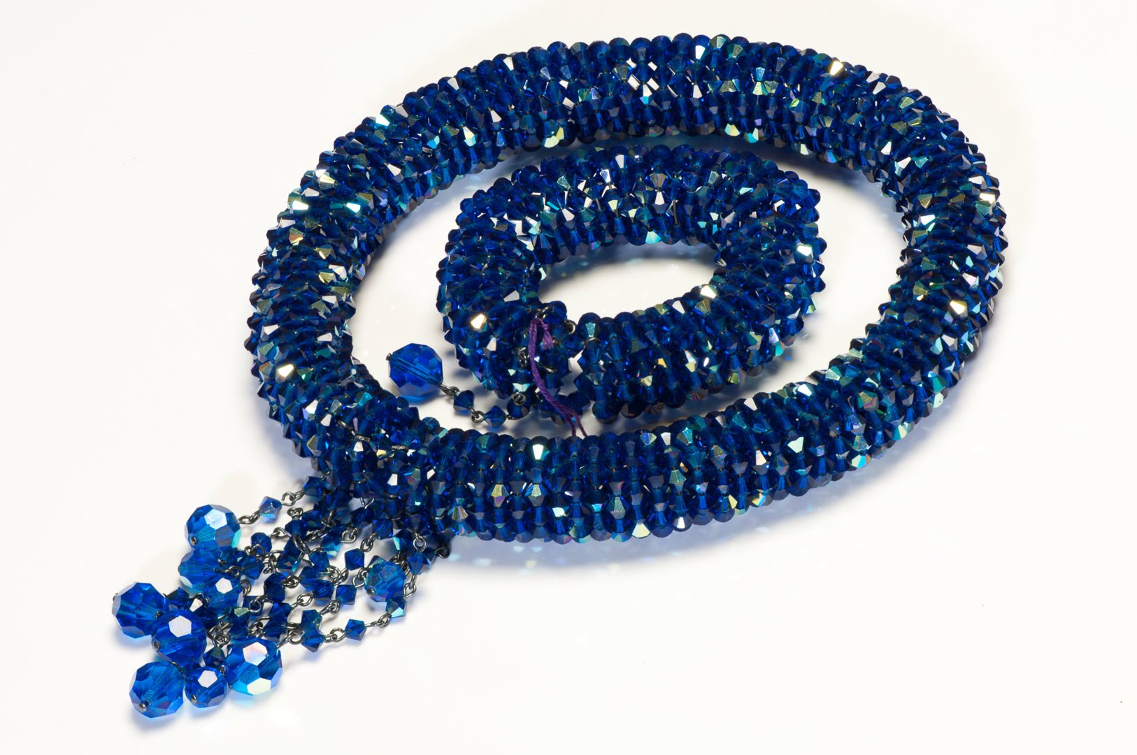 Vintage 1960's Czech Blue Crystal Beads Tassel Tubular Necklace Bracelet Set