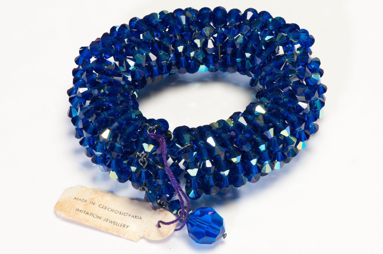 Vintage 1960's Czech Blue Crystal Beads Tassel Tubular Necklace Bracelet Set