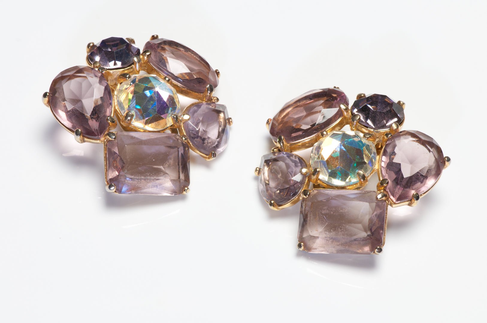 Vintage 1960’s Elsa Schiaparelli Purple Aurora Borealis Crystal Flower Earrings