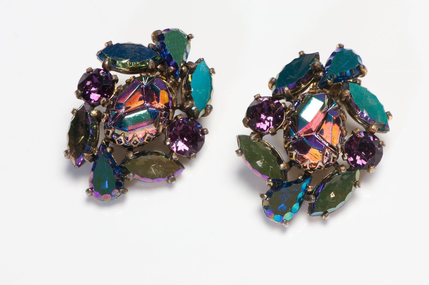 Vintage 1960’s Elsa Schiaparelli Purple Green Aurora Borealis Crystal Earrings