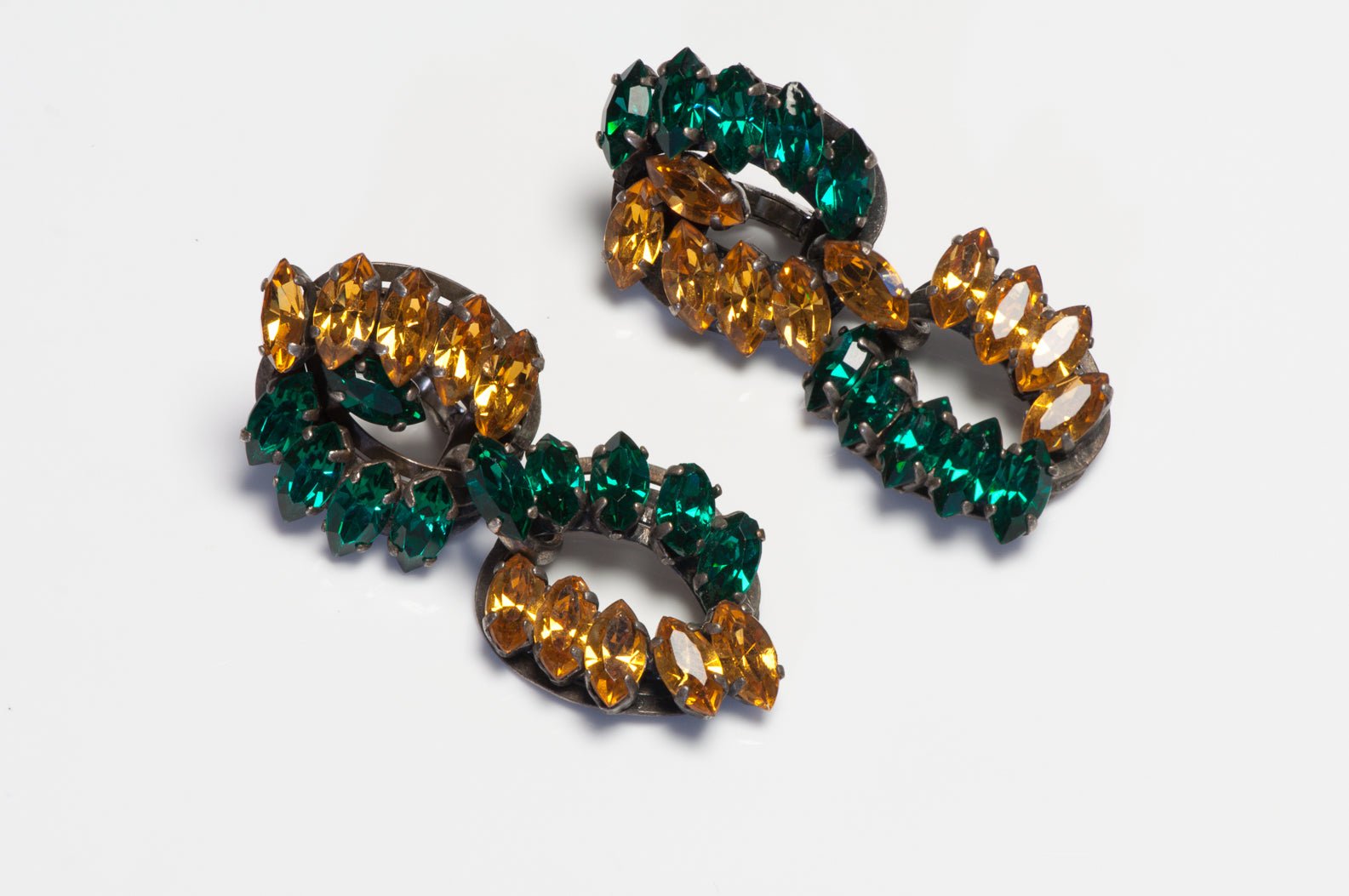 Vintage 1960’s French Long Green Yellow Crystal Chain Link Earrings