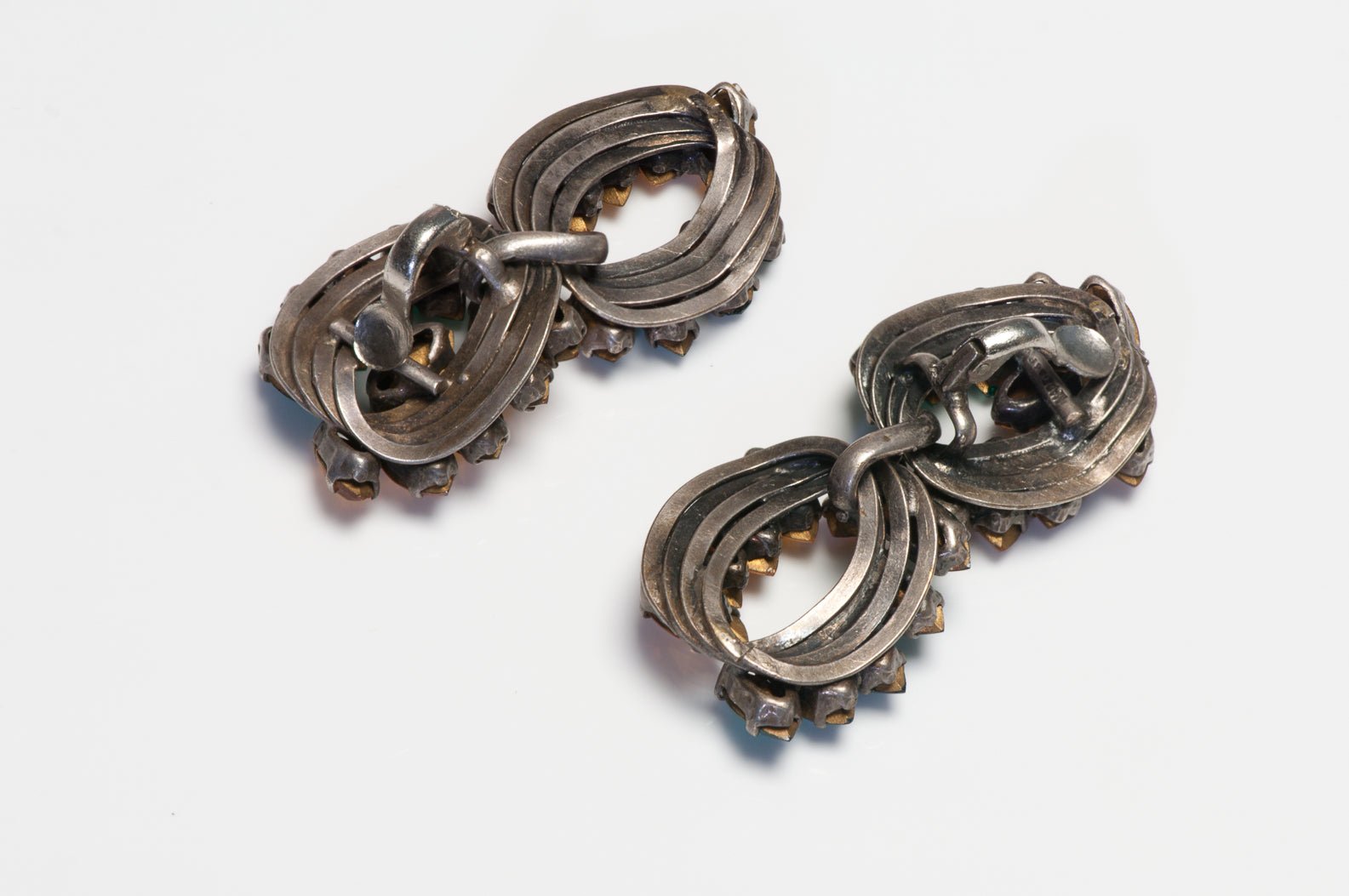 Vintage 1960’s French Long Green Yellow Crystal Chain Link Earrings
