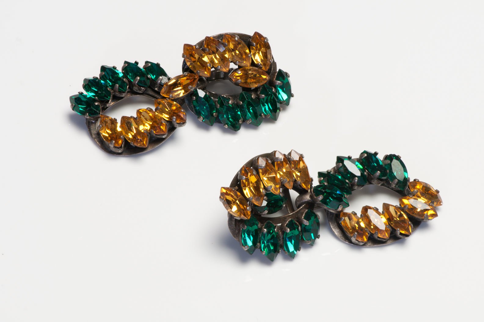 Vintage 1960’s French Long Green Yellow Crystal Chain Link Earrings