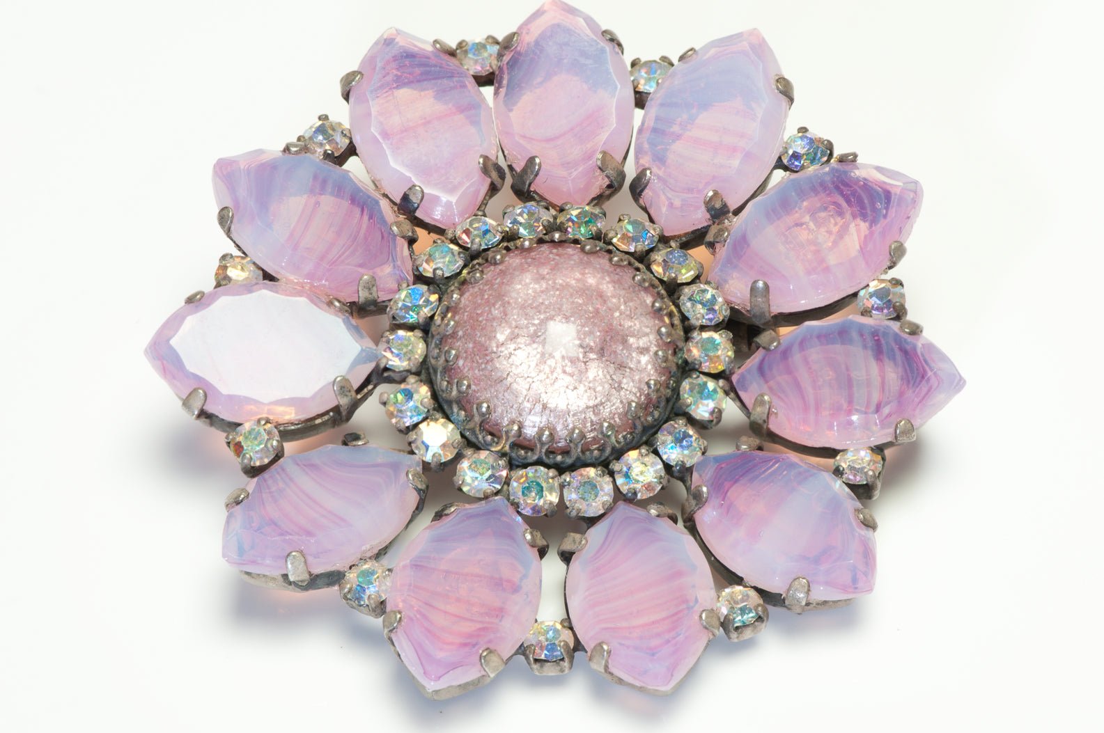 Vintage 1960’s French Pink Cabochon Glass Aurora Borealis Crystal Flower Brooch