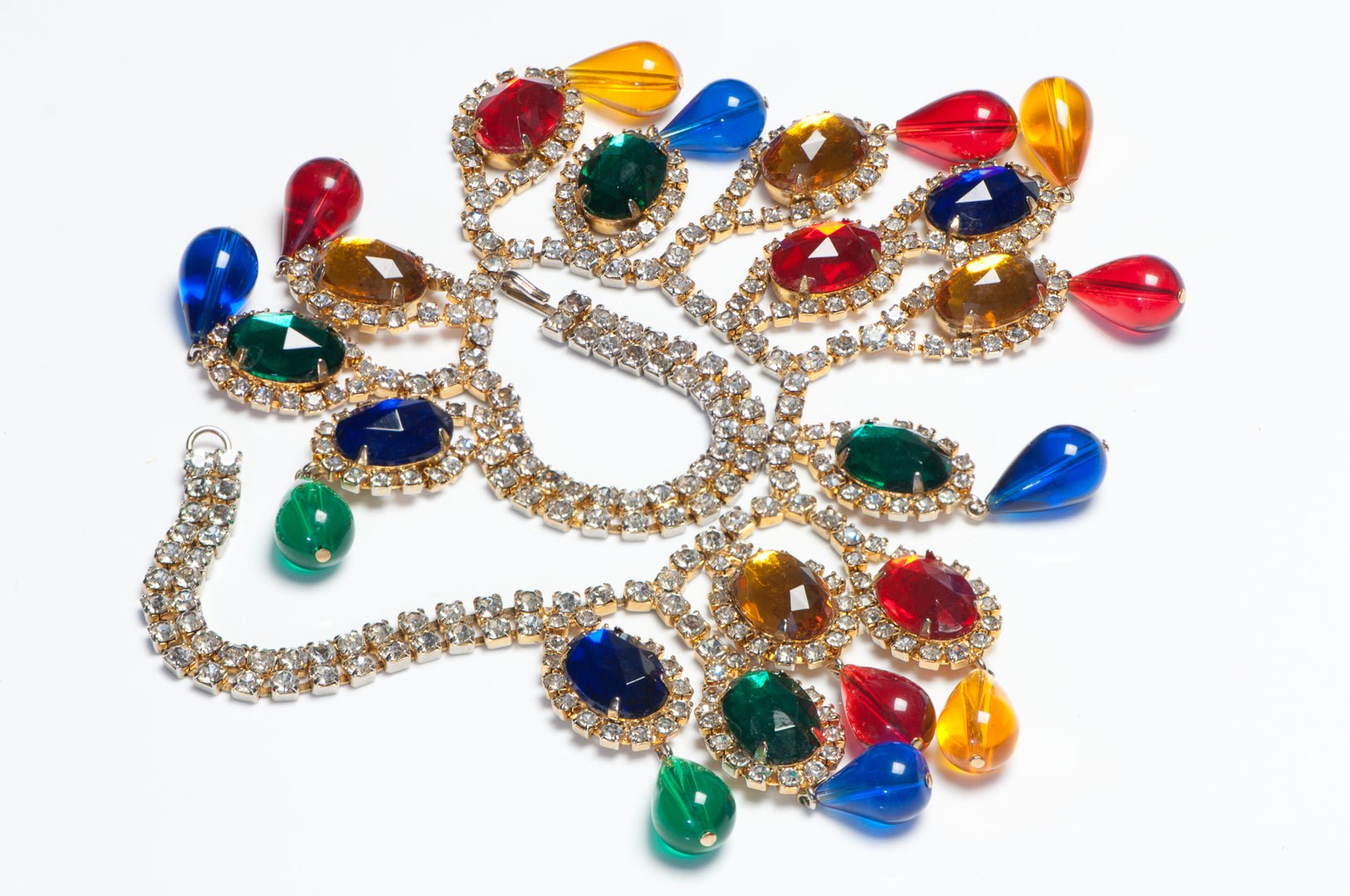 Vintage 1960’s Hattie Carnegie Blue Green Red Yellow Crystal Collar Necklace