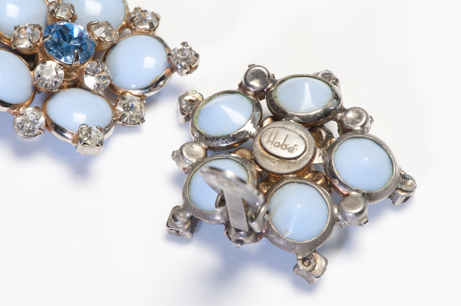 Vintage 1960’s HOBE Blue Cabochon Glass Crystal Flower Earrings
