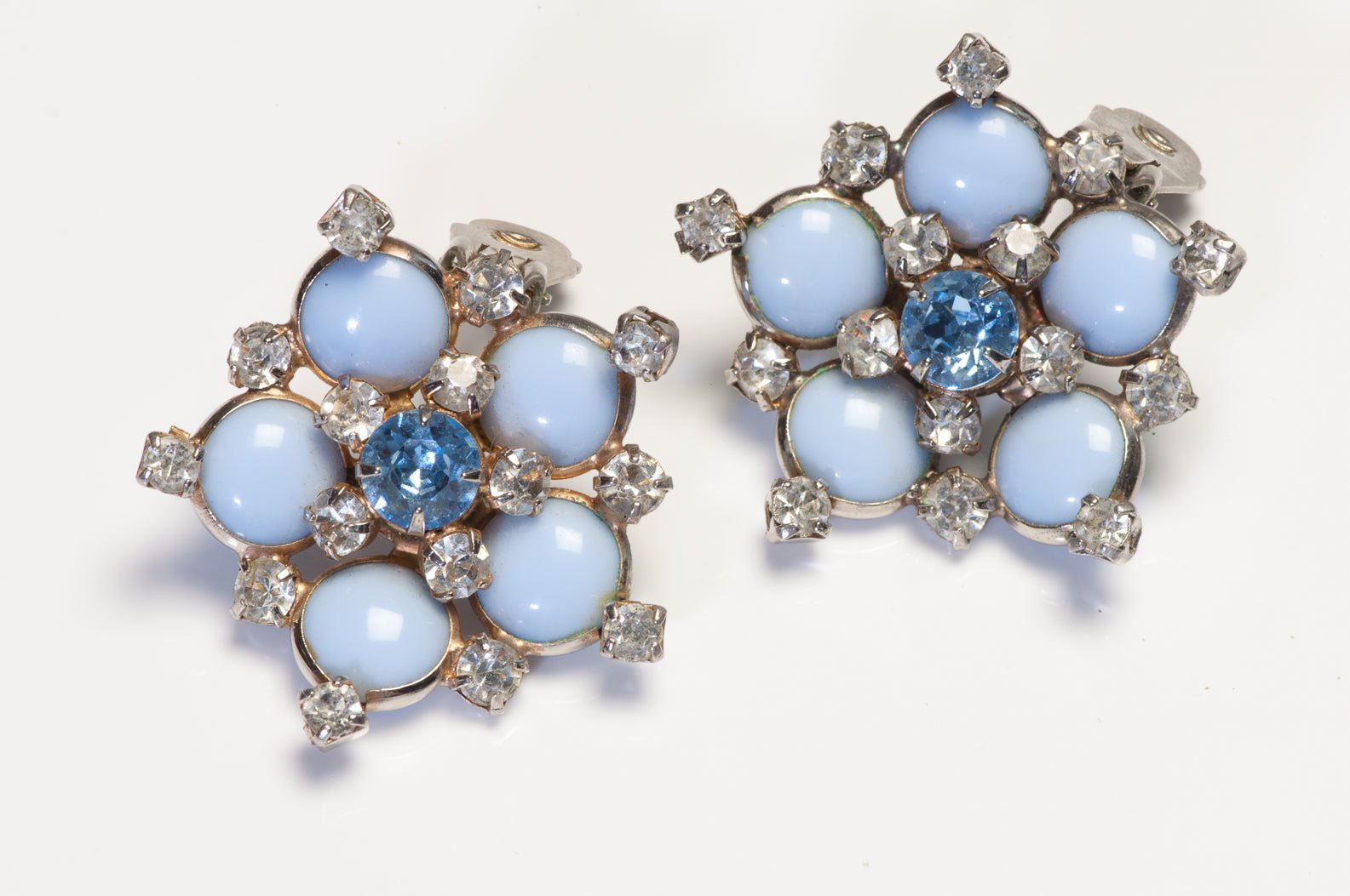 Vintage 1960’s HOBE Blue Cabochon Glass Crystal Flower Earrings