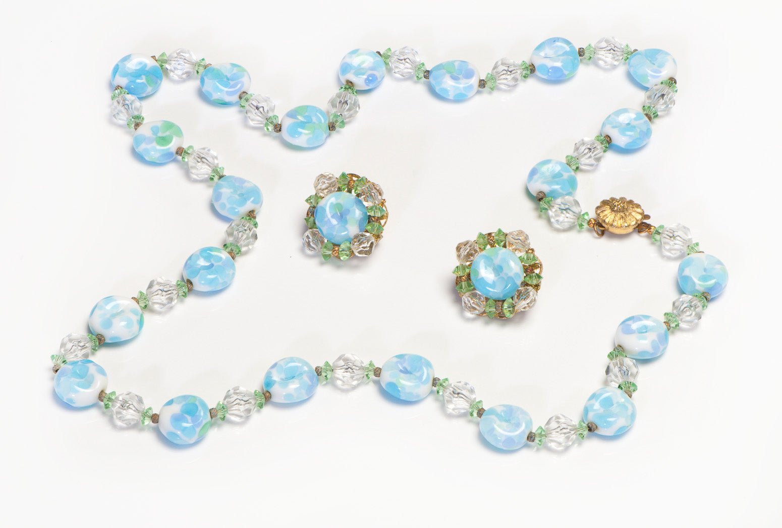 Vintage 1960’s Hobe Blue Green Glass Beads Crystal Earrings Necklace Set