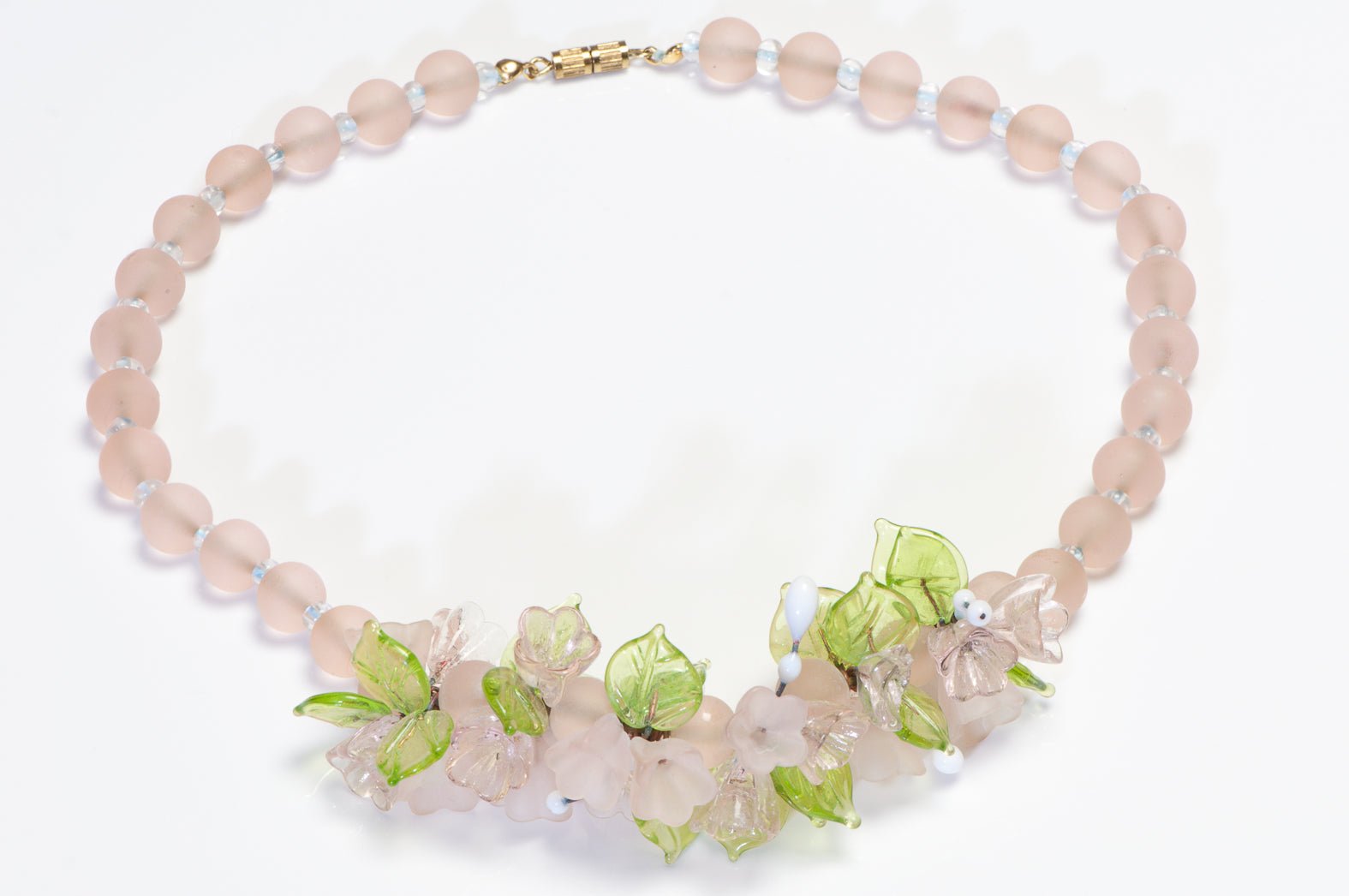 Vintage 1960’s Italian Pink Resin Beads Green Glass Leaf Flower Necklace