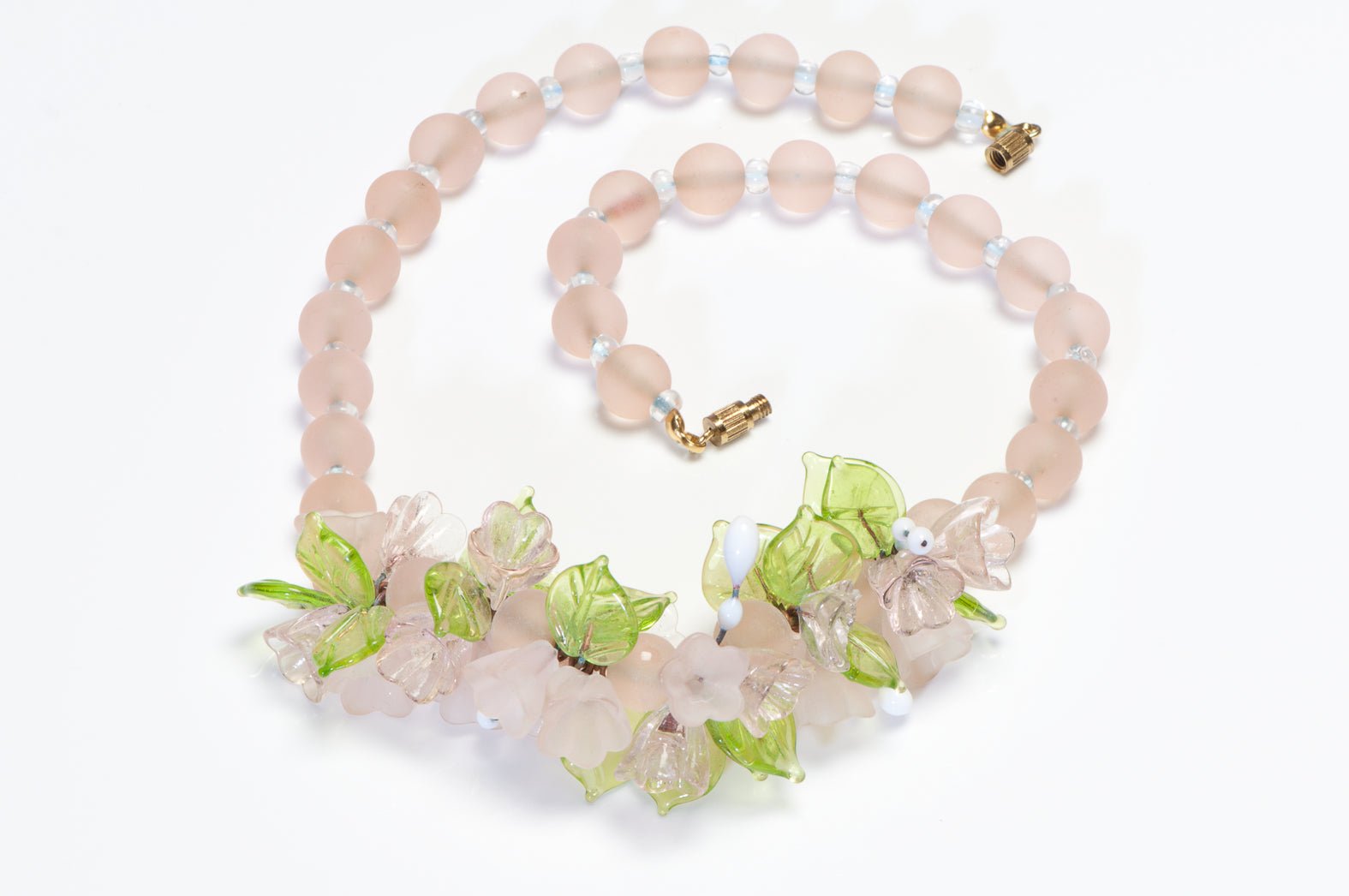 Vintage 1960’s Italian Pink Resin Beads Green Glass Leaf Flower Necklace