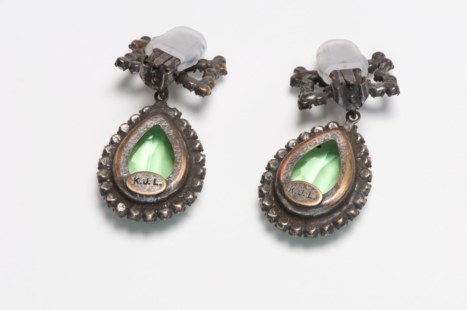 Vintage 1960's Kenneth Jay Lane Green Crystal Bow Earrings