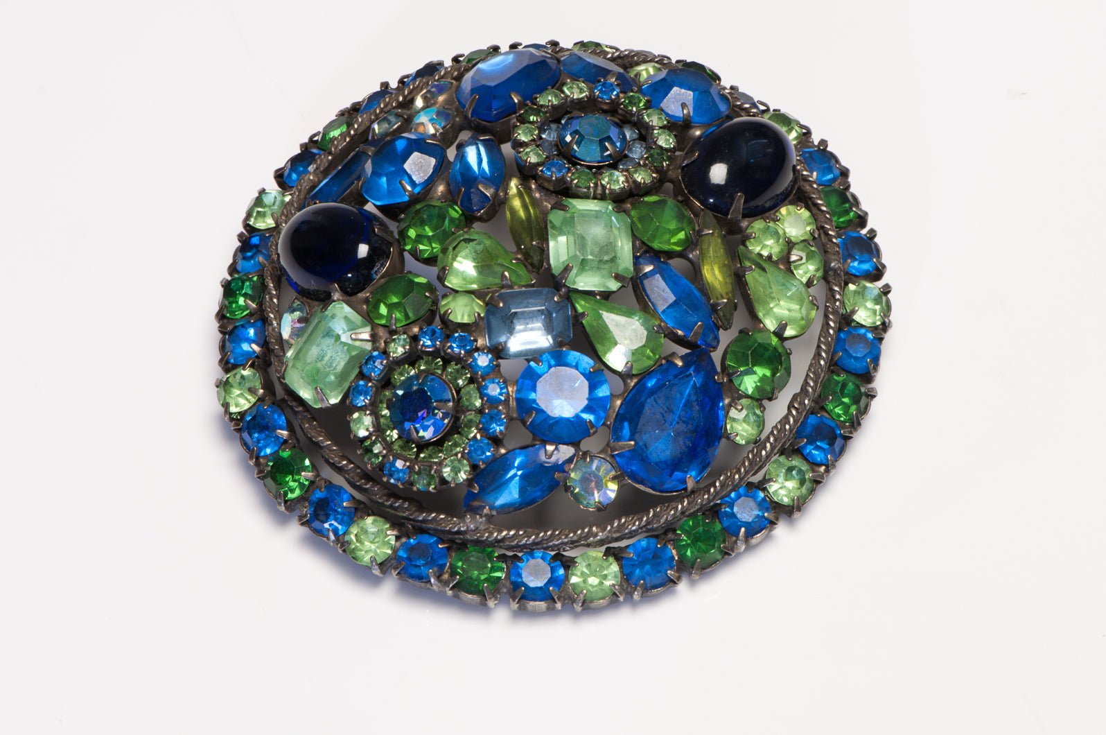 Vintage 1960's Large Green Blue Cabochon Glass Crystal Round Brooch