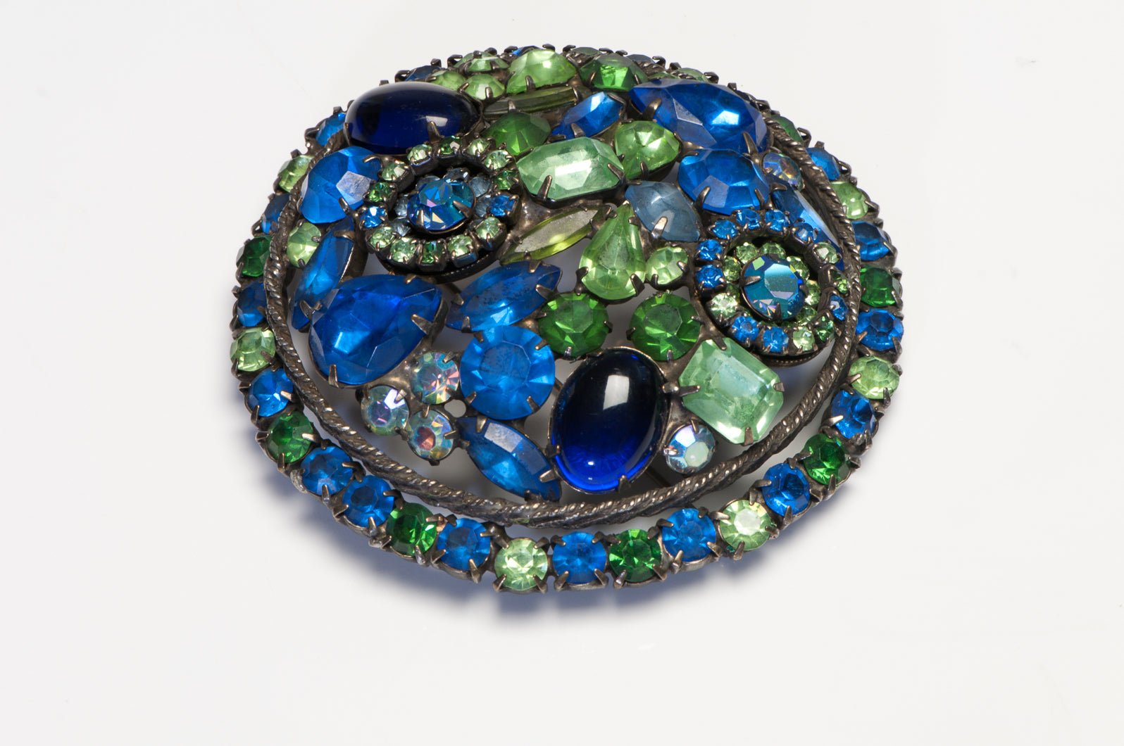 Vintage 1960's Large Green Blue Cabochon Glass Crystal Round Brooch