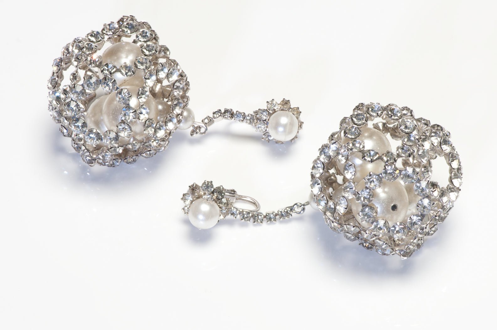 Vintage 1960's Long Rhodium Plated Crystal Pearl Ball Drop Earrings