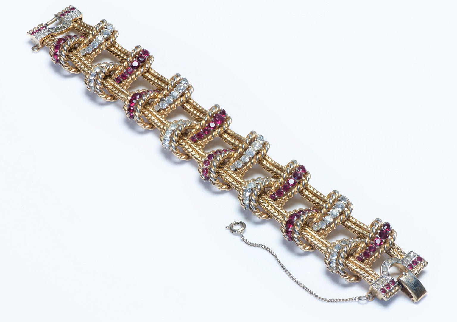 Vintage 1960's Marcel Boucher Gold Plated Rope Red Crystal Bracelet