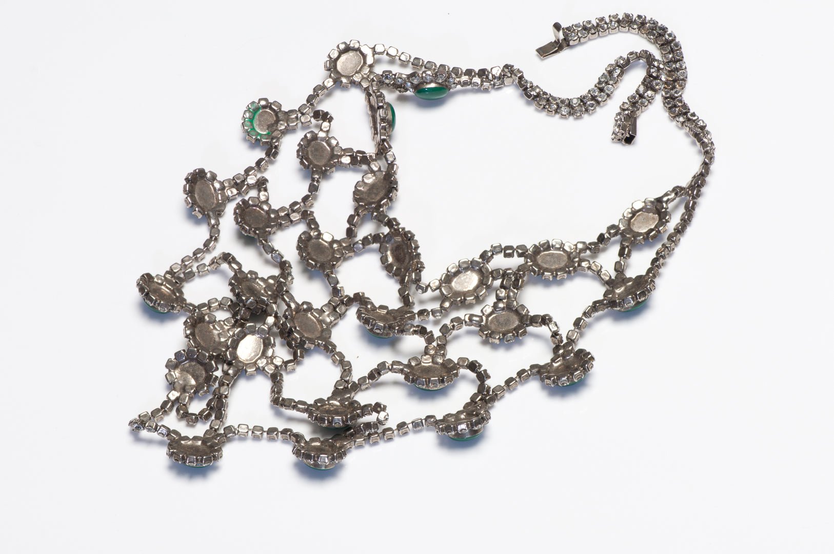 Vintage 1960’s Mughal Style Green Cabochon Crystal Web Bib Necklace