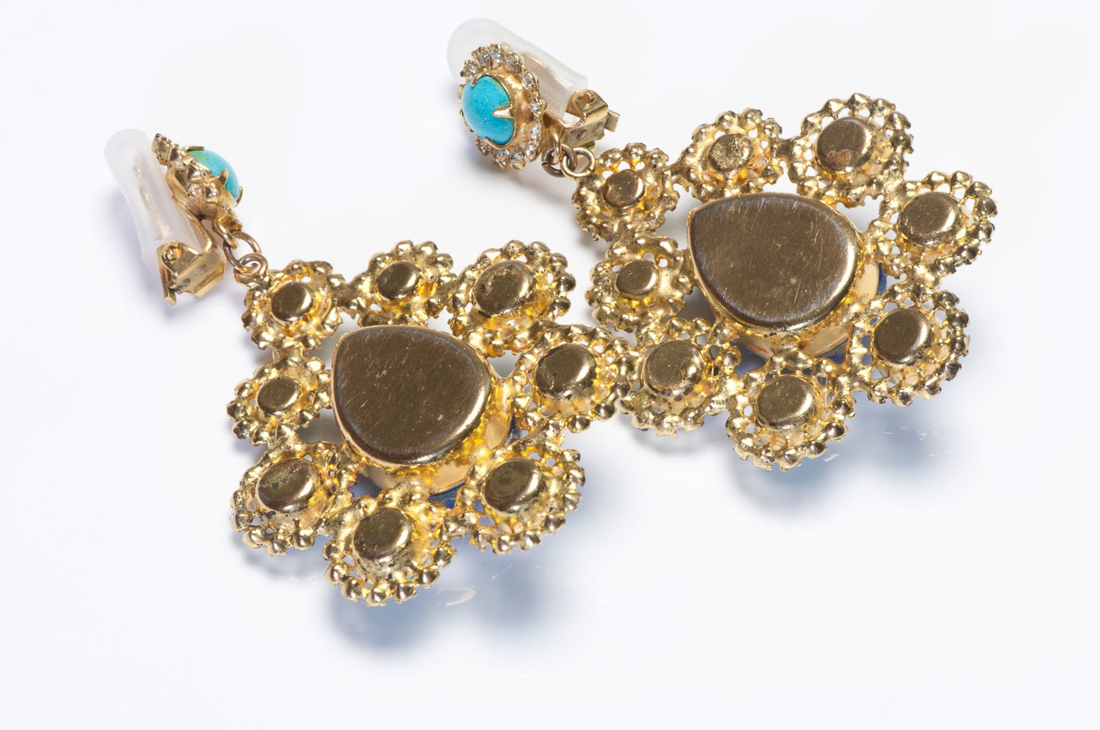 Vintage 1960's Mughal Style Turquoise Lapis Blue Resin Crystal Drop Earrings