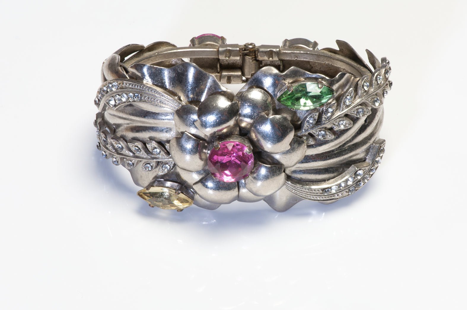 Vintage 1960's Pink Blue Green Crystal Flower Leaf Bangle Bracelet