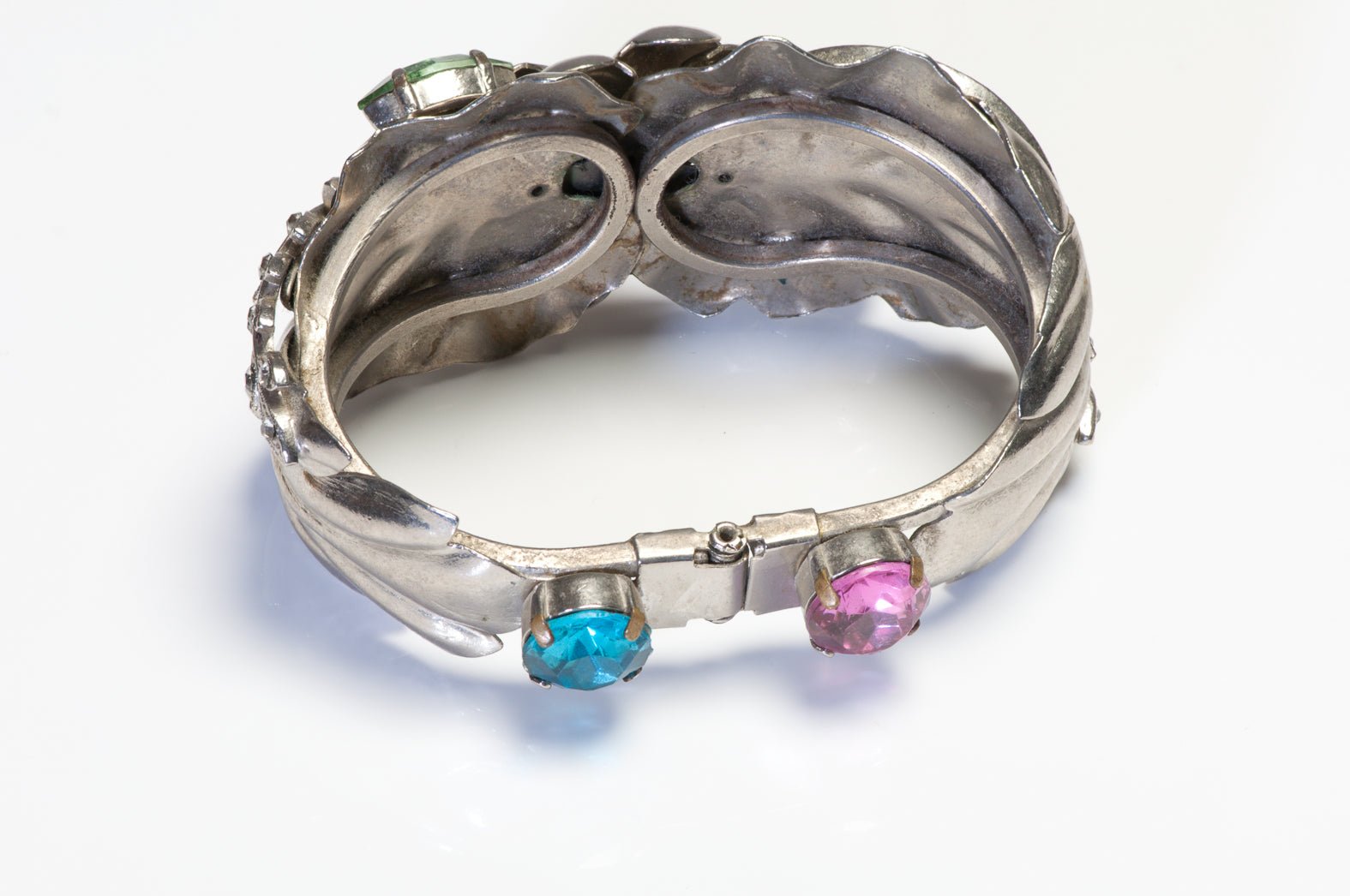 Vintage 1960's Pink Blue Green Crystal Flower Leaf Bangle Bracelet