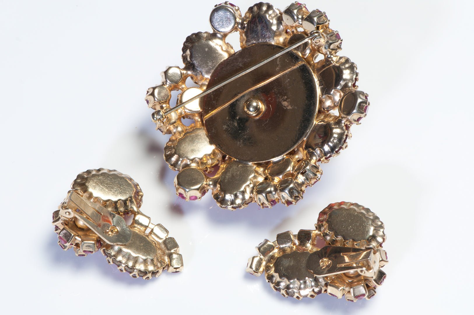 Vintage 1960's Red Pink Cabochon Crystal Flower Earrings Brooch Set