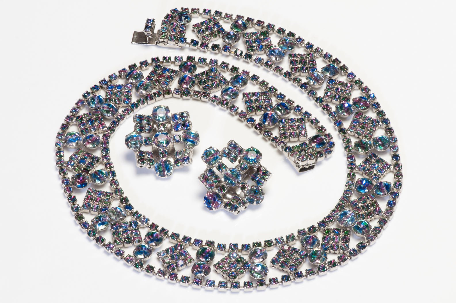 Vintage 1960’s Rhodium Plated Blue Green Pink Crystal Earrings Necklace Set