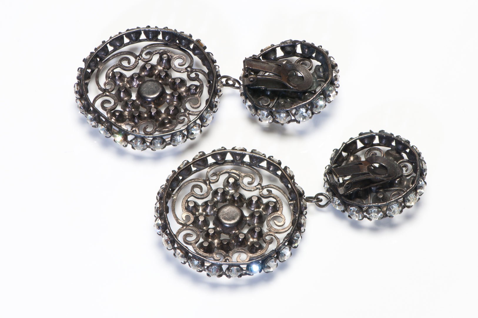 Vintage 1960’s Schreiner NY Long Filigree Metal Crystal Flower Earrings
