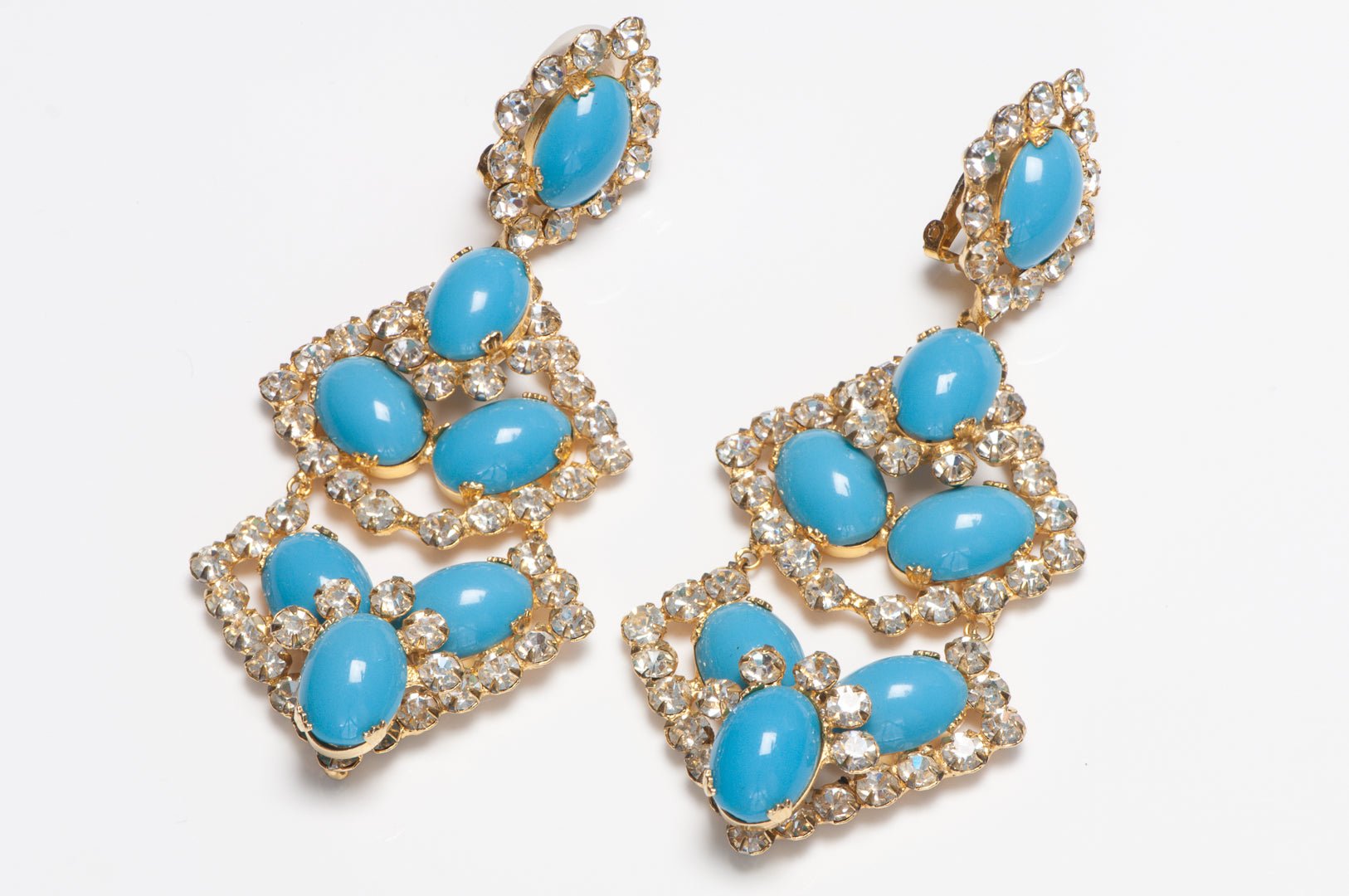Vintage 1960's Schreiner NY Mughal Style Turquoise Crystal Chandelier Earrings