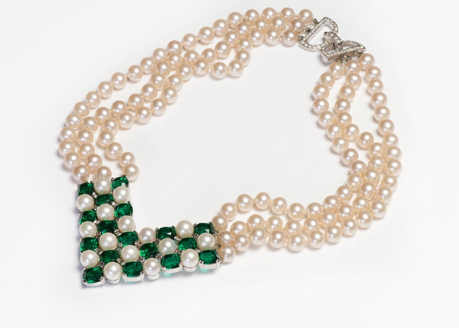 Vintage 1970’s Adolfo for Mazer Faux Pearl Green Crystal V Collar Necklace