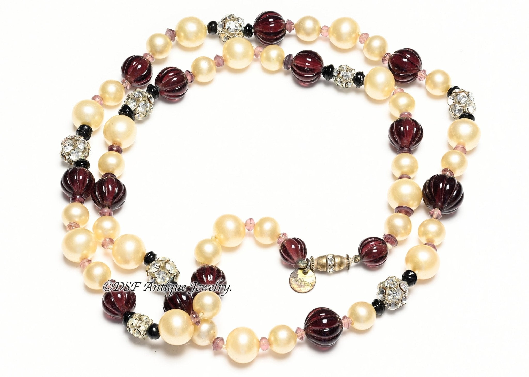 Vintage 1970's Chanel Paris Maison Gripoix Purple Glass Beads Pearl Sautoir Necklace
