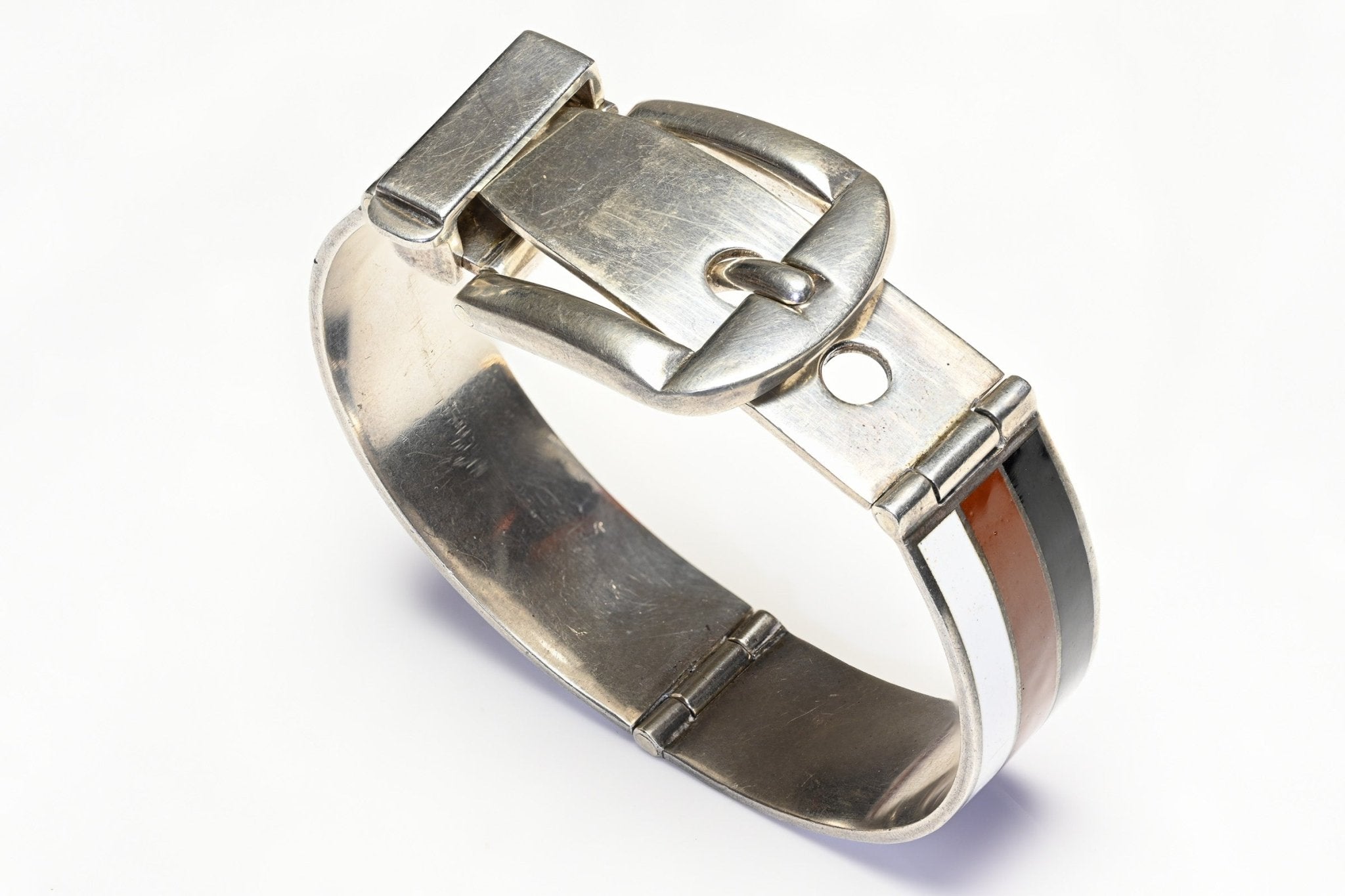 Vintage 1970's Gucci Sterling Silver Black White Red Enamel Buckle Bangle Bracelet