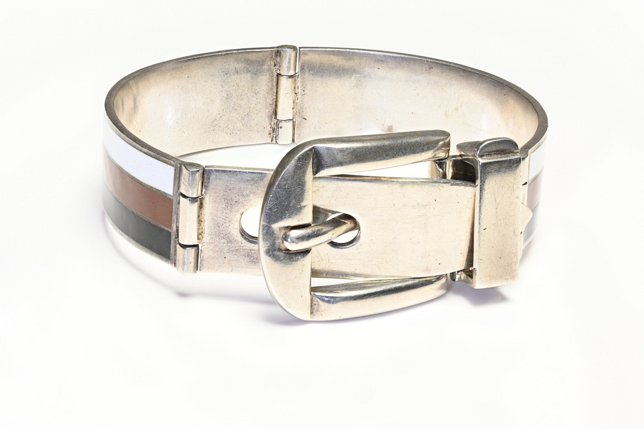 Vintage 1970's Gucci Sterling Silver Black White Red Enamel Buckle Bangle Bracelet