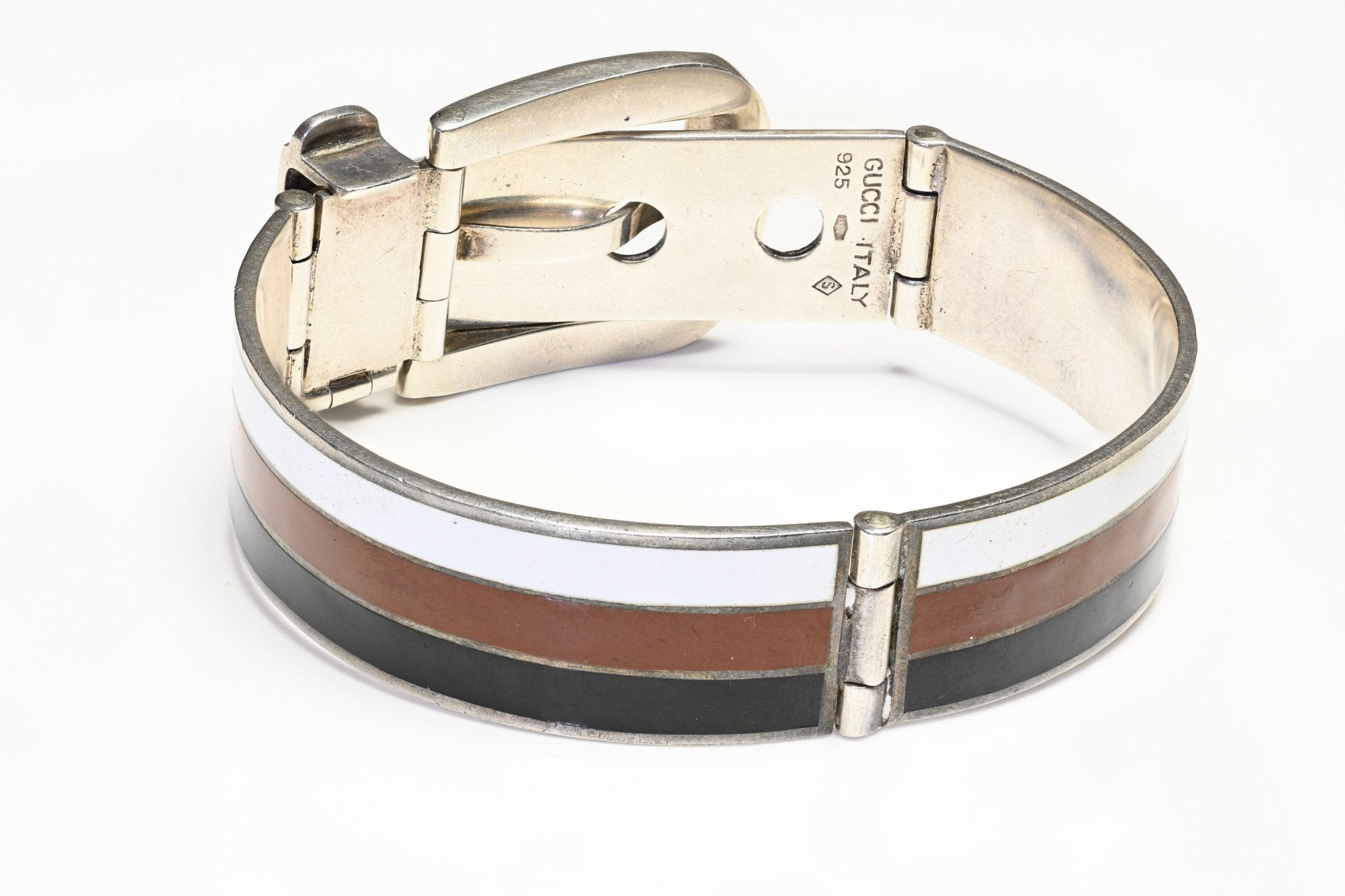 Vintage 1970's Gucci Sterling Silver Black White Red Enamel Buckle Bangle Bracelet