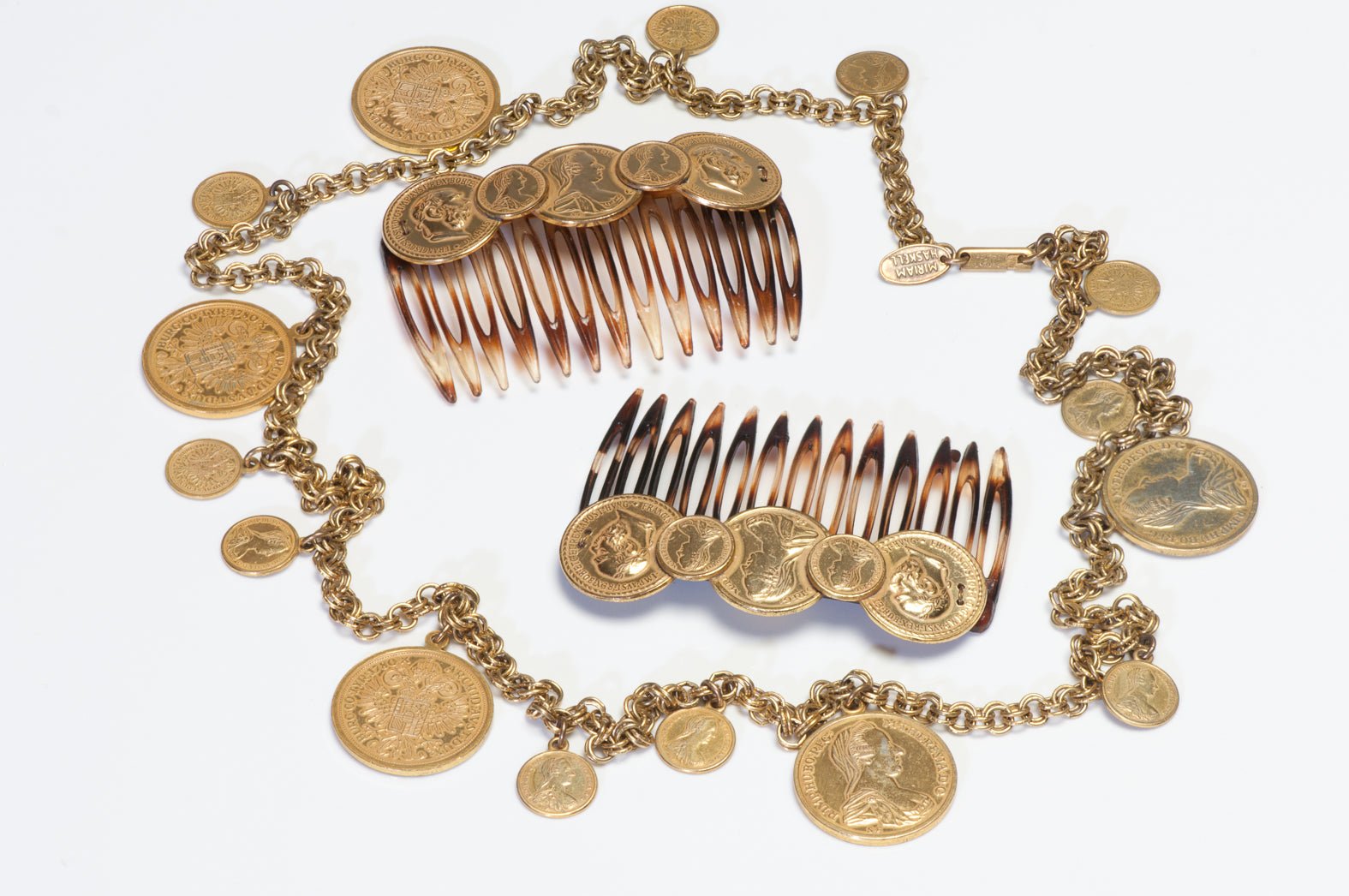 Vintage 1970’s Miriam Haskell Maria Theresa 1870 Coin Hair Comb Necklace Set