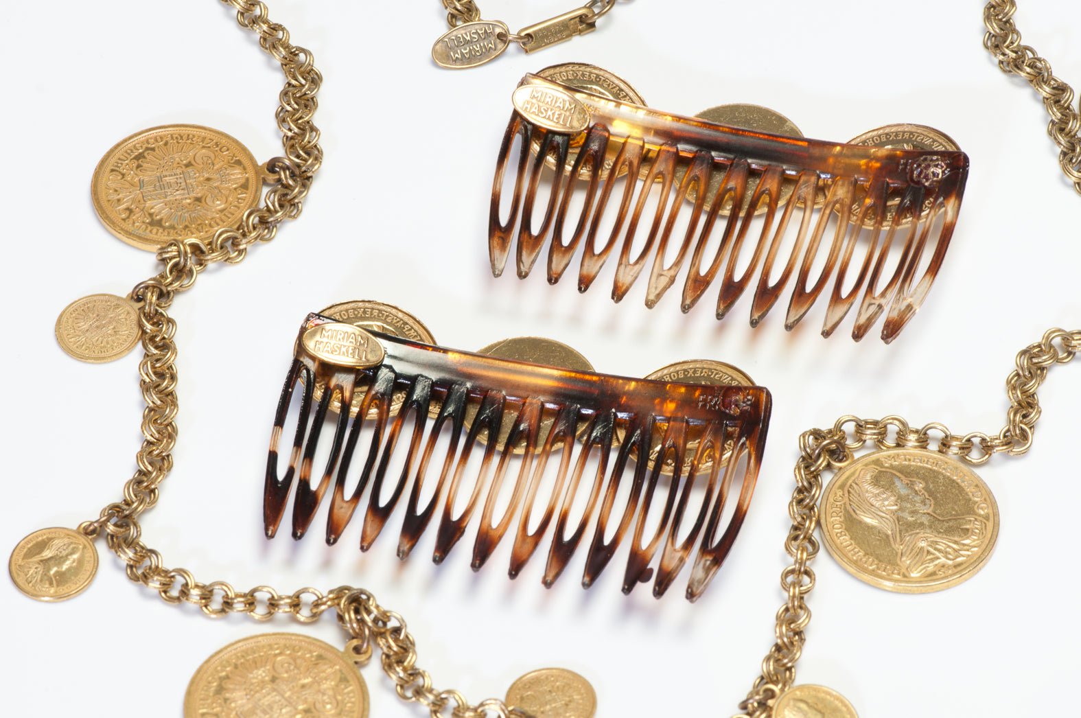 Vintage 1970’s Miriam Haskell Maria Theresa 1870 Coin Hair Comb Necklace Set