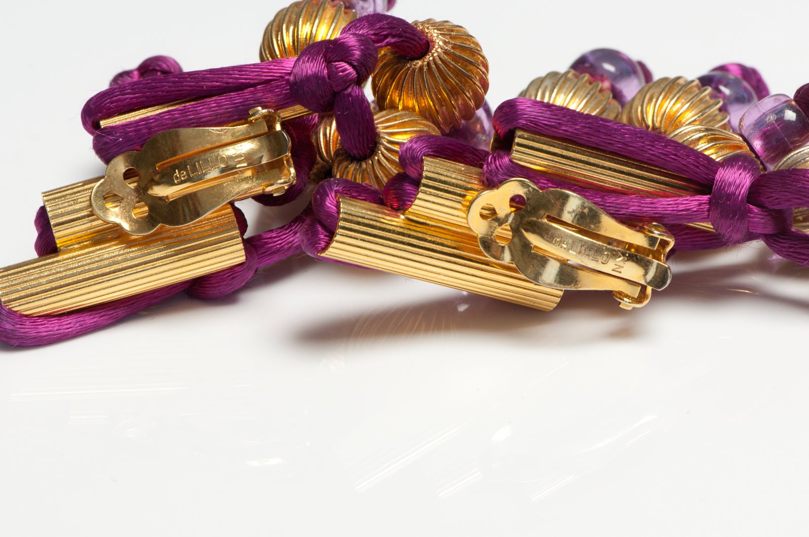 Vintage 1970's William DeLillo for Madame Gres Purple Satin Tassel Beads Earrings