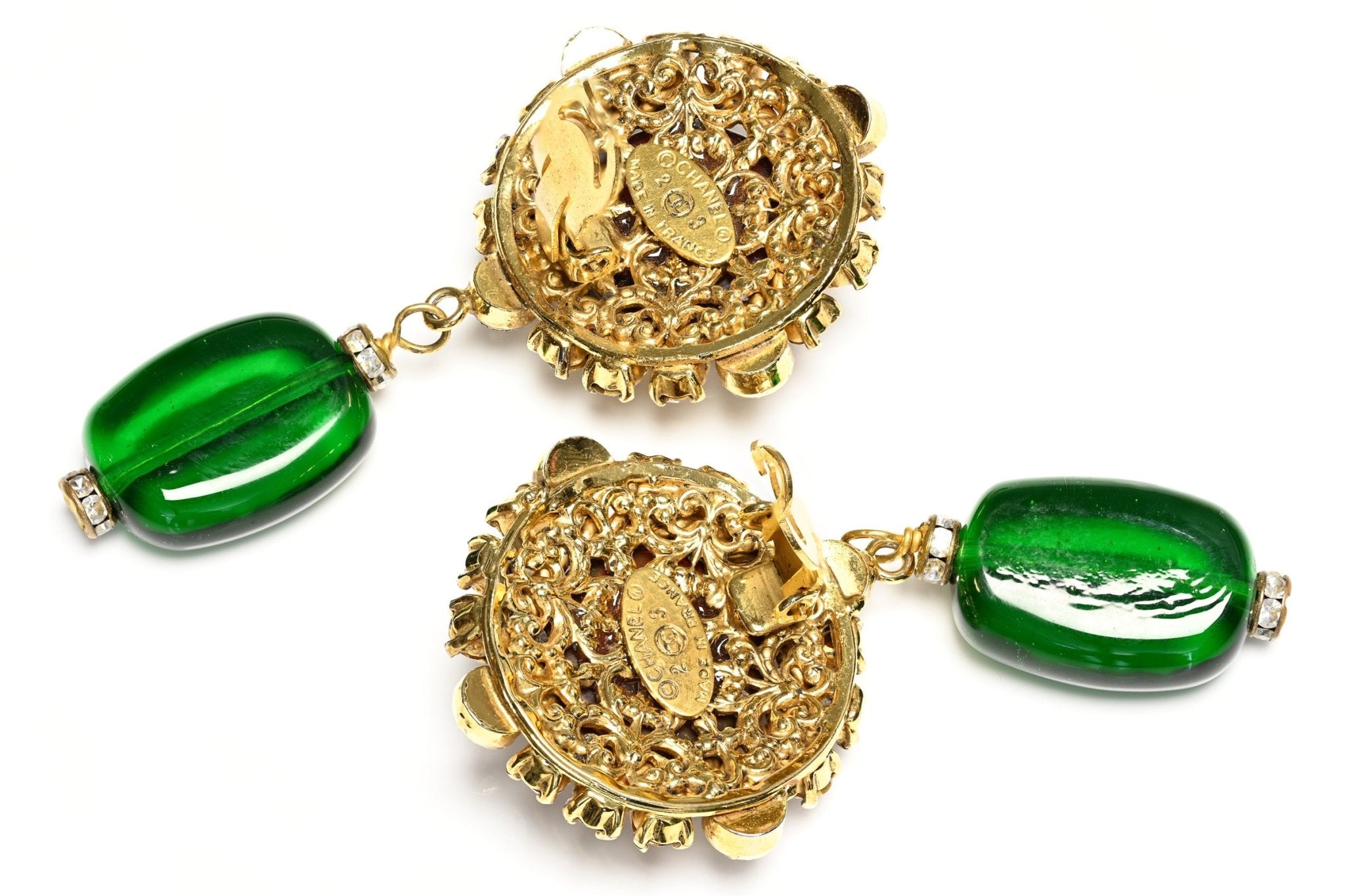 Vintage 1980's Chanel Paris Maison Gripoix Red Green Glass Crystal Drop Earrings