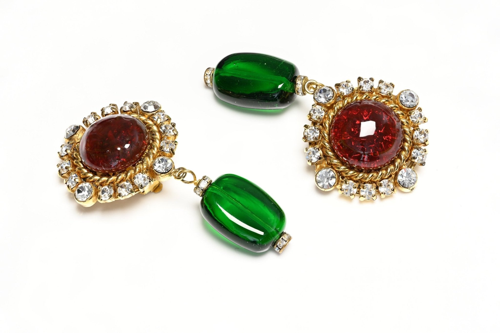 Vintage 1980's Chanel Paris Maison Gripoix Red Green Glass Crystal Drop Earrings