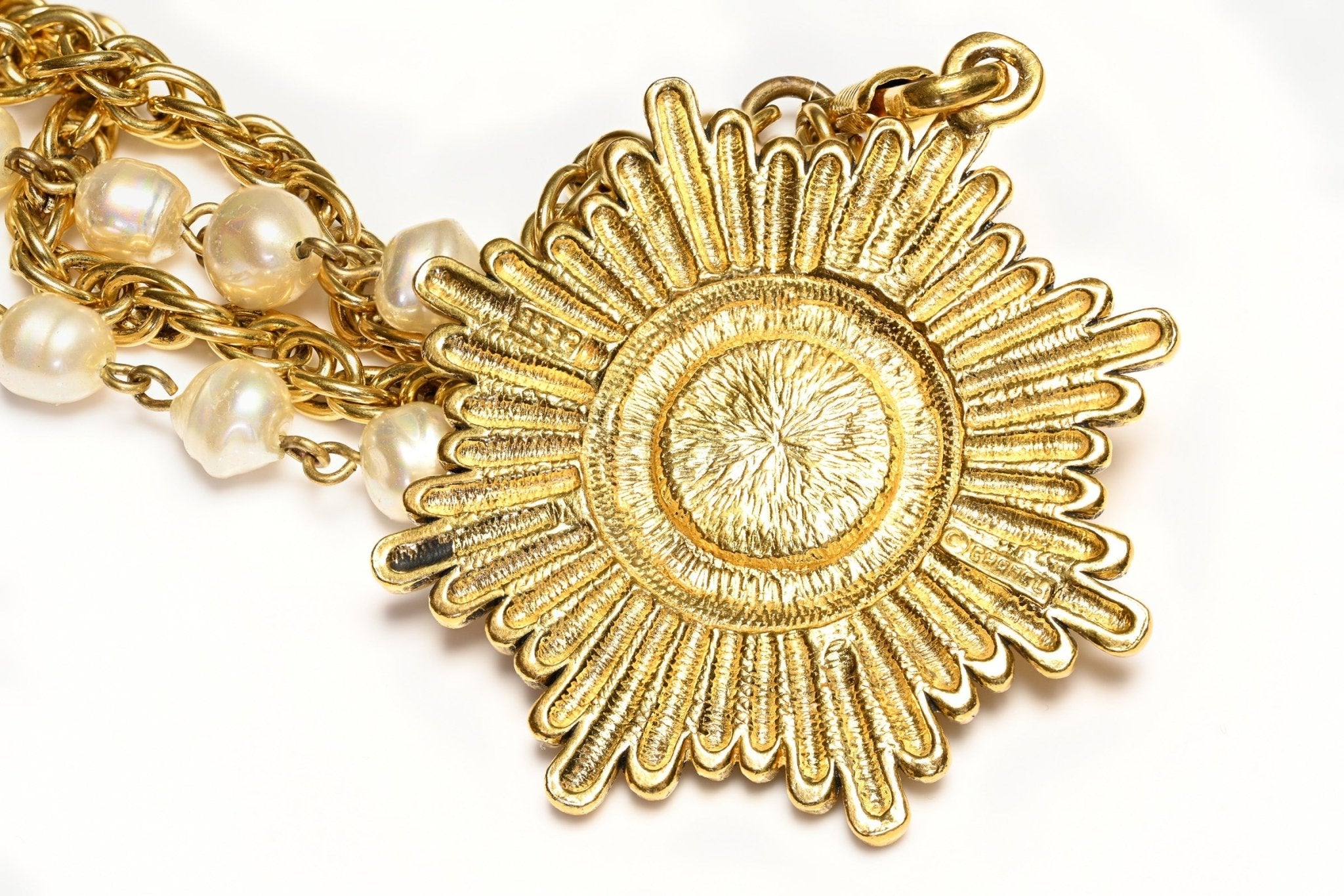 Vintage 1980's Chanel Paris Pearl Crystal Starburst Pendant Chain Necklace