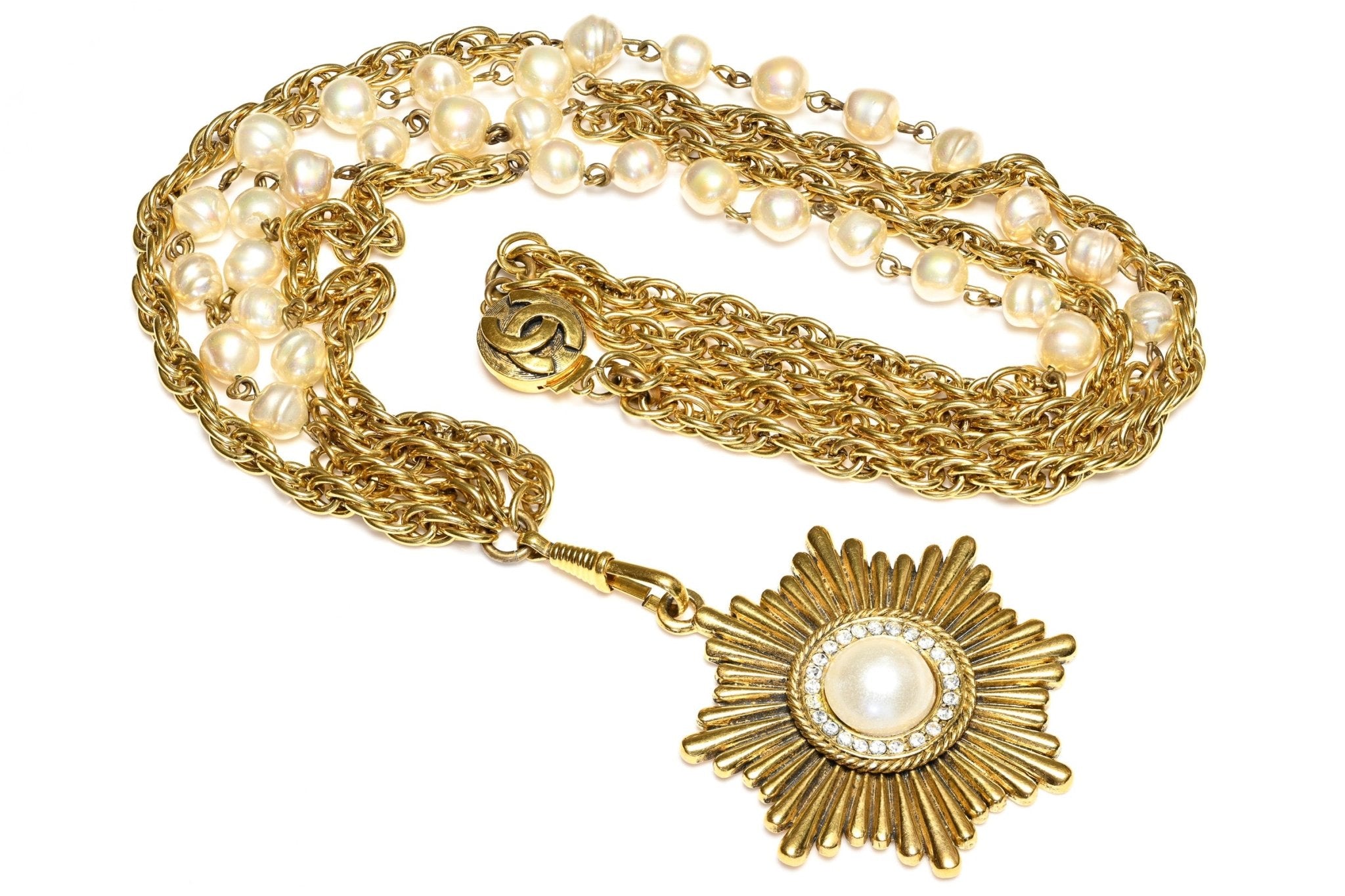 Vintage 1980's Chanel Paris Pearl Crystal Starburst Pendant Chain Necklace