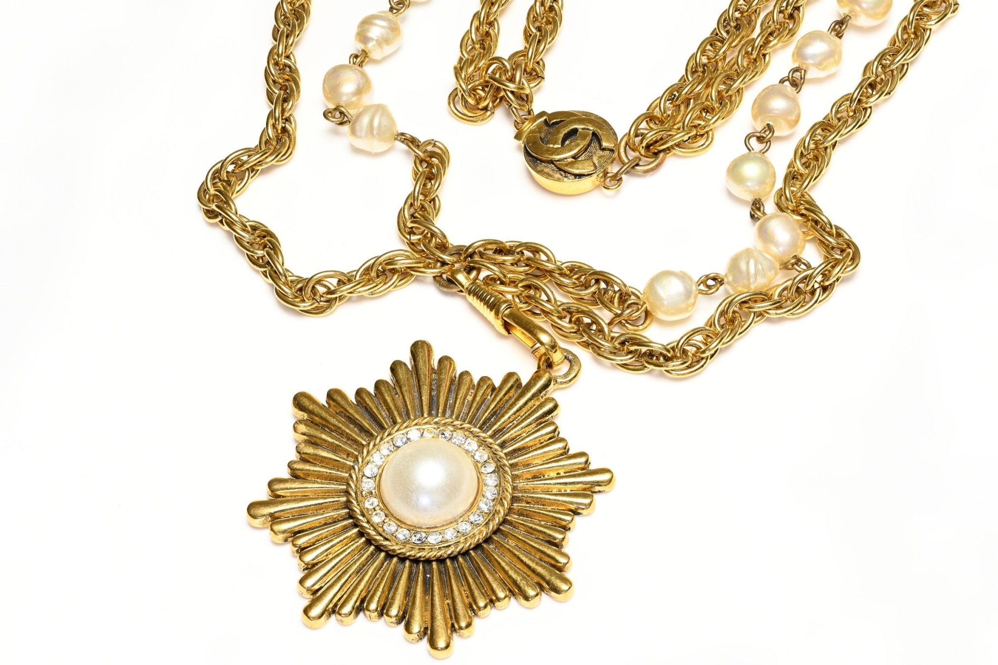 Vintage 1980's Chanel Paris Pearl Crystal Starburst Pendant Chain Necklace