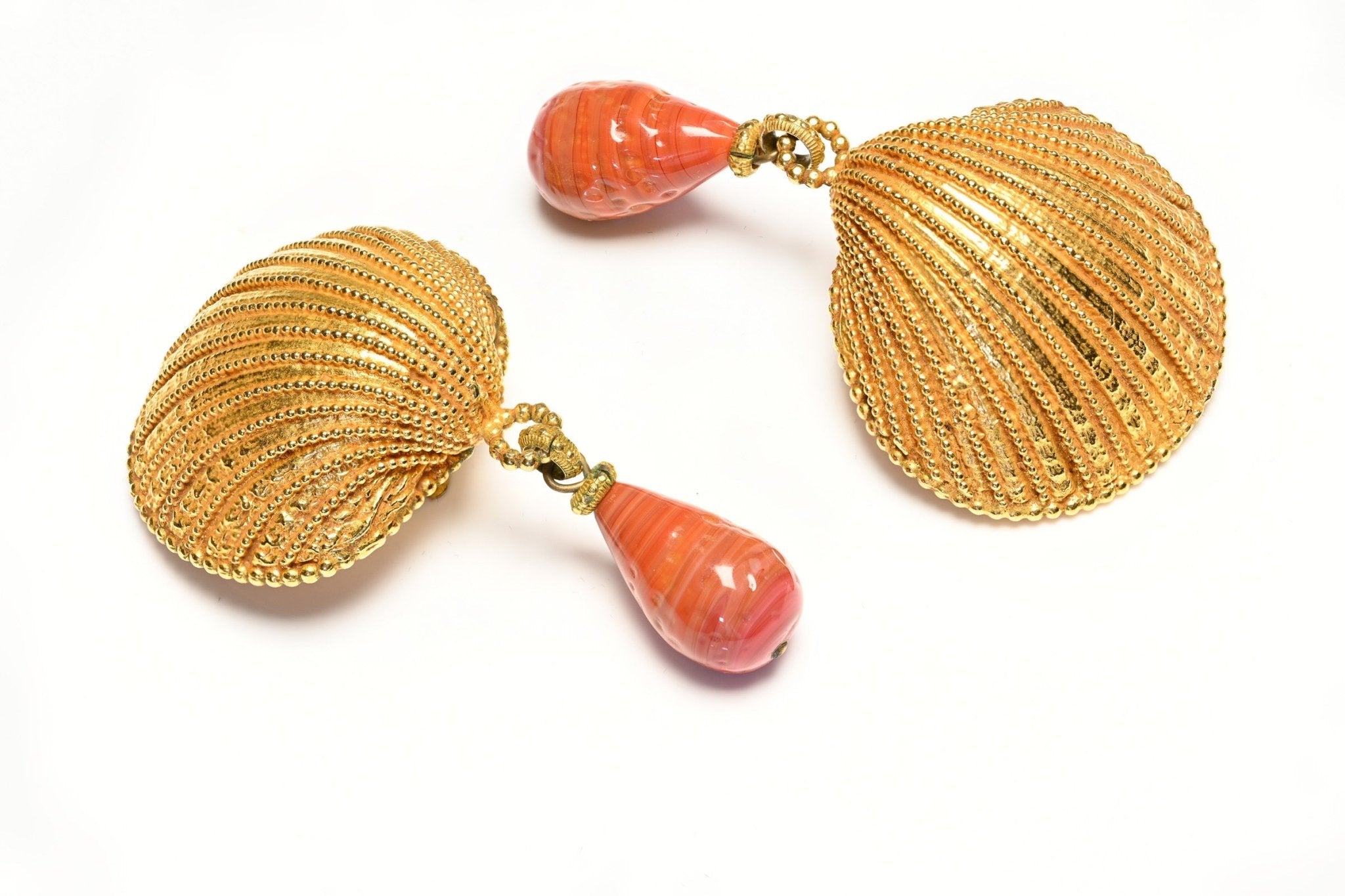 Vintage 1980's Dominique Aurientis Paris Shell Gripoix Orange Glass Drop Earrings