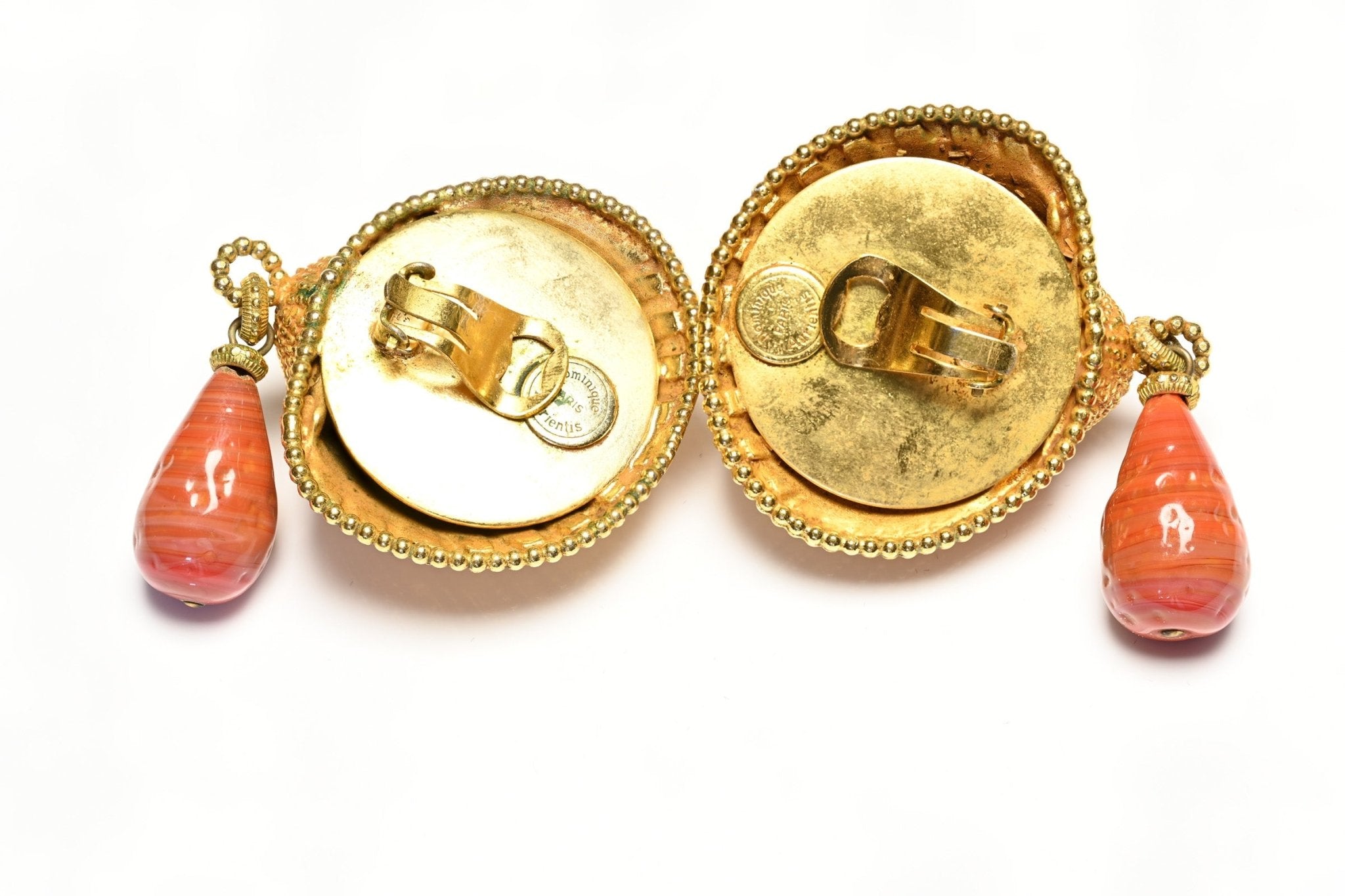 Vintage 1980's Dominique Aurientis Paris Shell Gripoix Orange Glass Drop Earrings