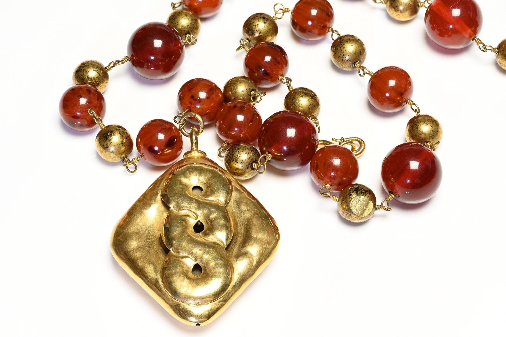 Vintage 1980's Frances Patiky Stein FPS Paris Red Resin Beads Pendant Necklace