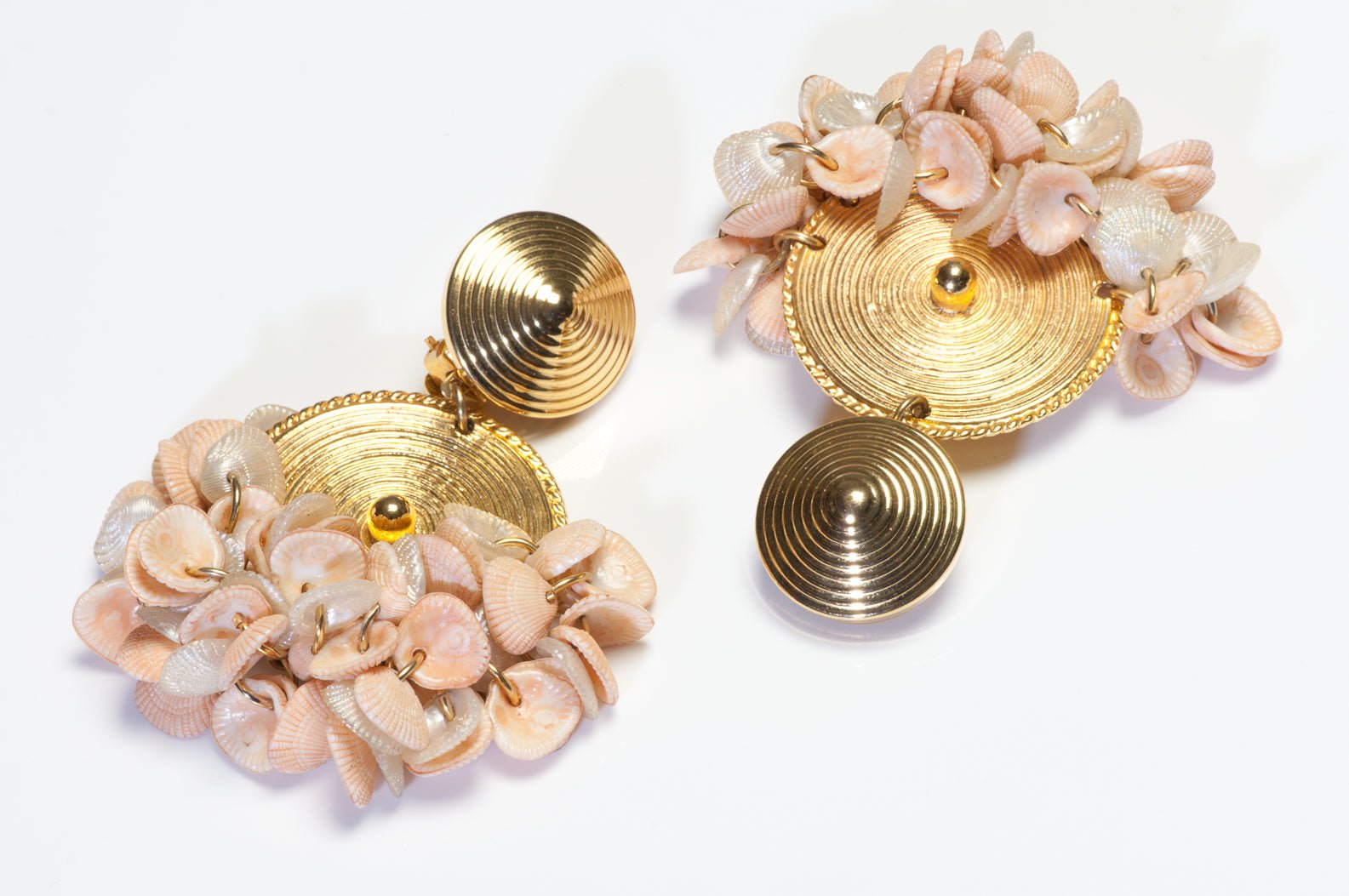 Vintage 1980’s Francoise Montague Paris Long Pink Faux Shell Disc Hoop Earrings