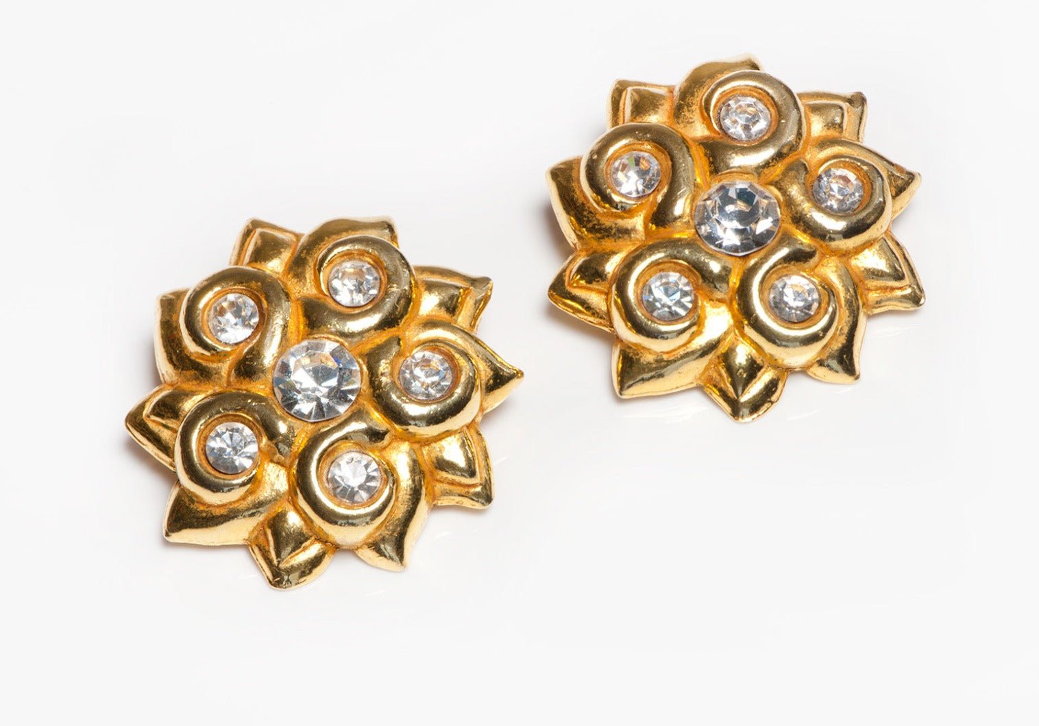 Vintage 1980's French Gold Plated Crystal Flower Earrings