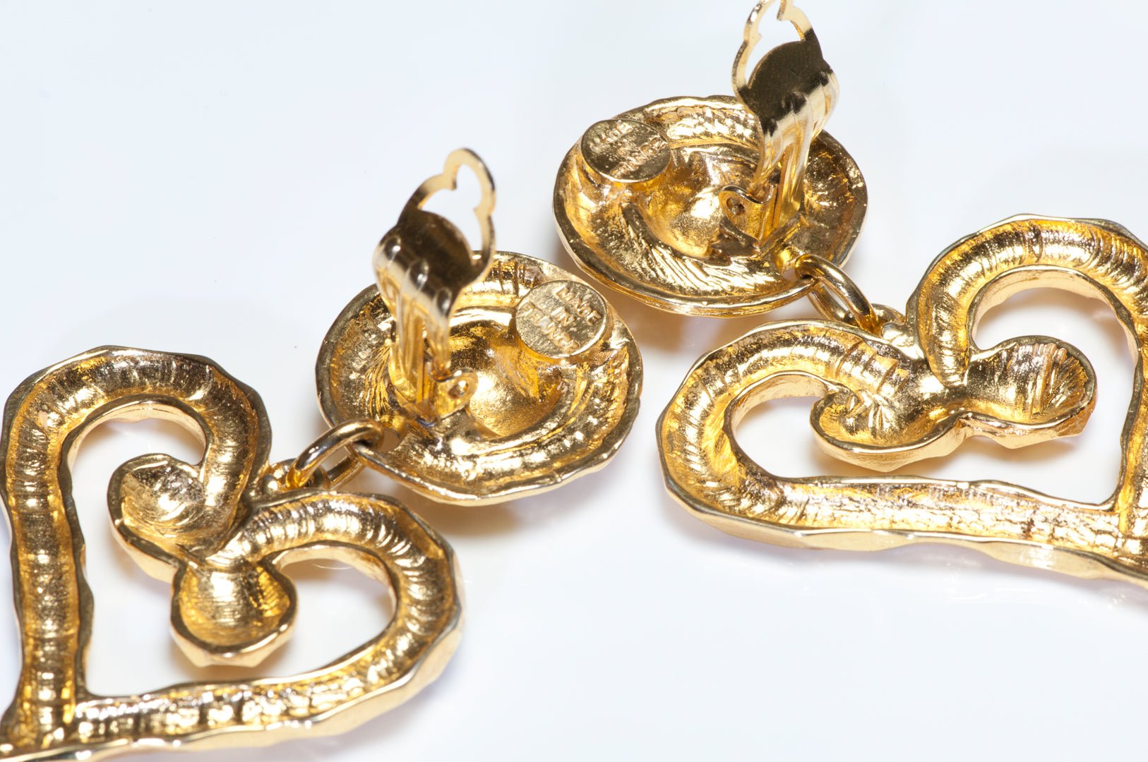 Vintage 1980’s French Gold Plated Hammered Heart Long Earrings