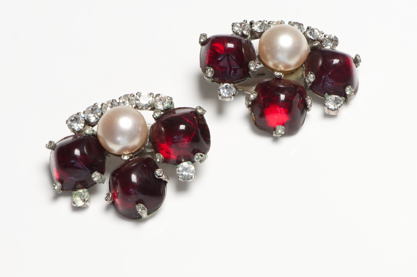 Vintage 1980’s French Red Cabochon Glass Pearl Crystal Earrings