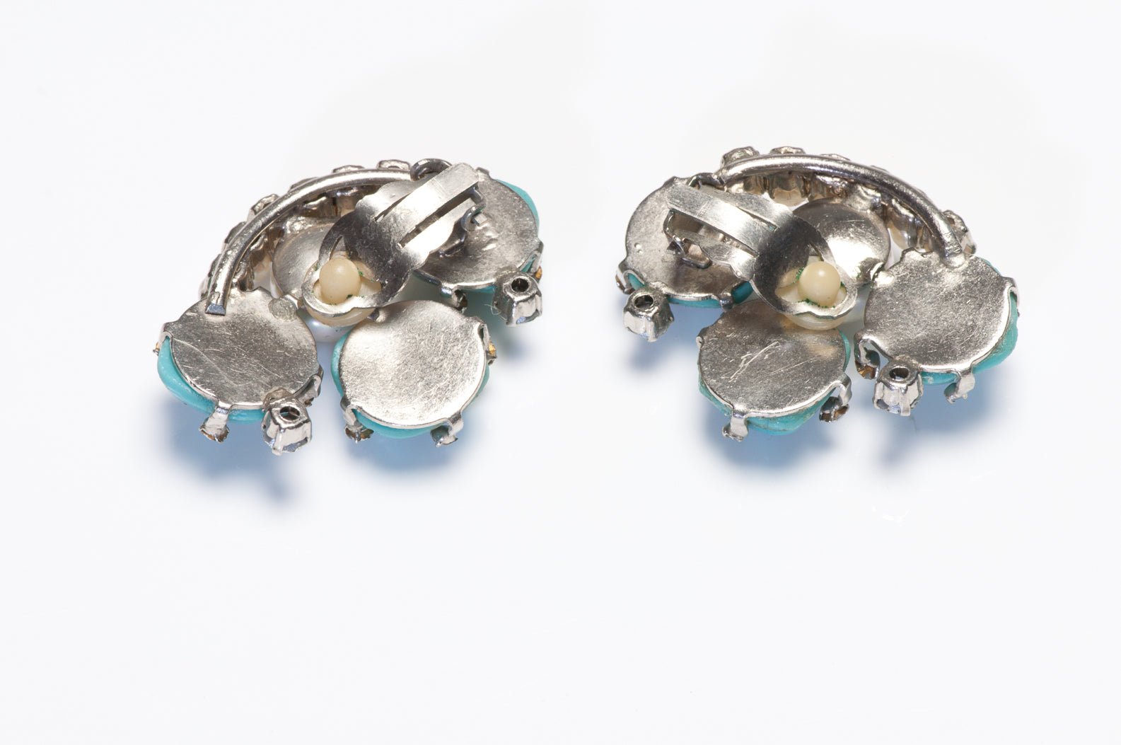 Vintage 1980's French Turquoise Cabochon Glass Pearl Crystal Earrings